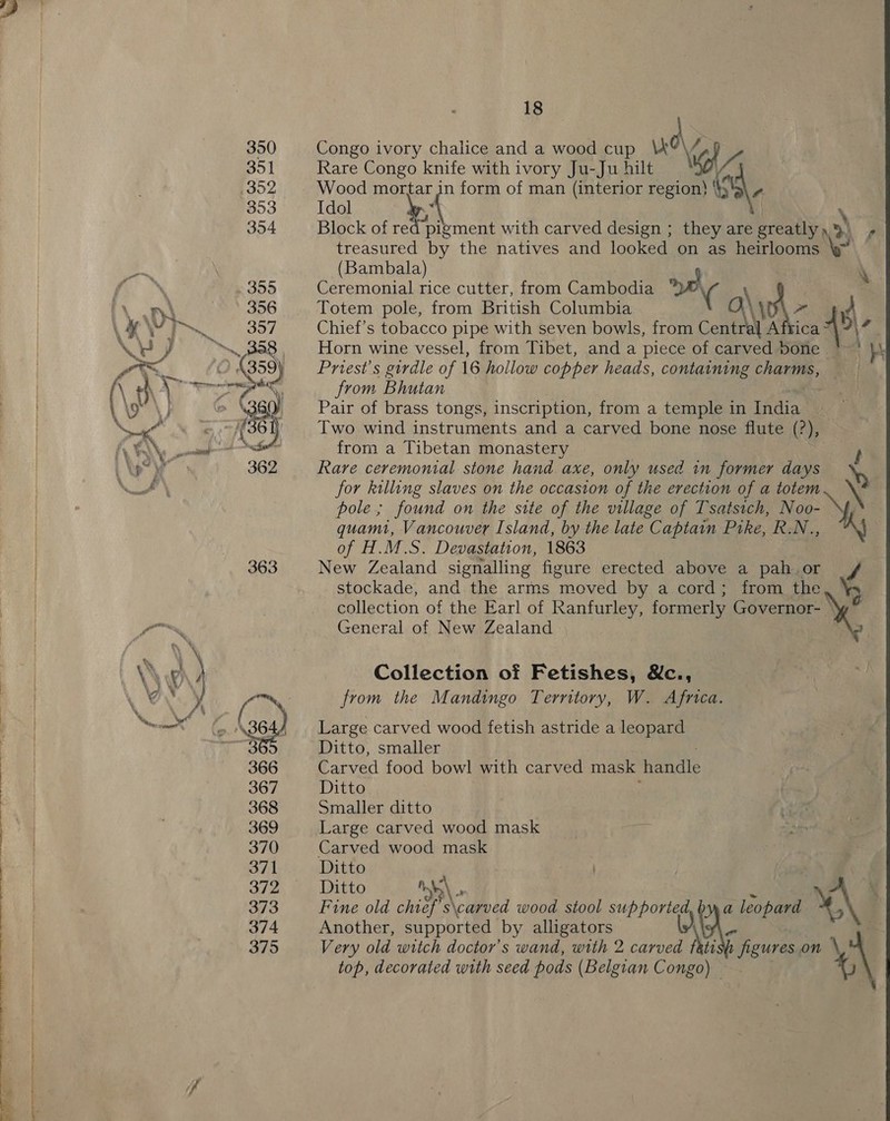 eas ——— ——— — ———————— Ee OO ——— sl ro CO ele el SE eae epee 363 18 Rare Congo knife with ivory Ju-Ju hilt (Bambala) Ceremonial rice cutter, from Cambadia Totem pole, from British Columbia from Bhutan from a Tibetan monastery quamt, Vancouver Island, by the late Captain of H.M.S. Devastation, 1863 Puke, R.N., stockade, and the arms “moved by a cord ; from the General of New Zealand - Collection of Fetishes, &amp;c., Large carved wood fetish astride a leopard Ditto, smaller Carved food bowl with carved mask handle Ditto Smaller ditto Large carved wood mask Carved wood mask Ditto De Ditto oh\ os Fine old chief s carved wood stool supported Another, supported by alligators IN \y Very old witch doctor's wand, with 2 carved fati ‘ i on Nigh figures on “A