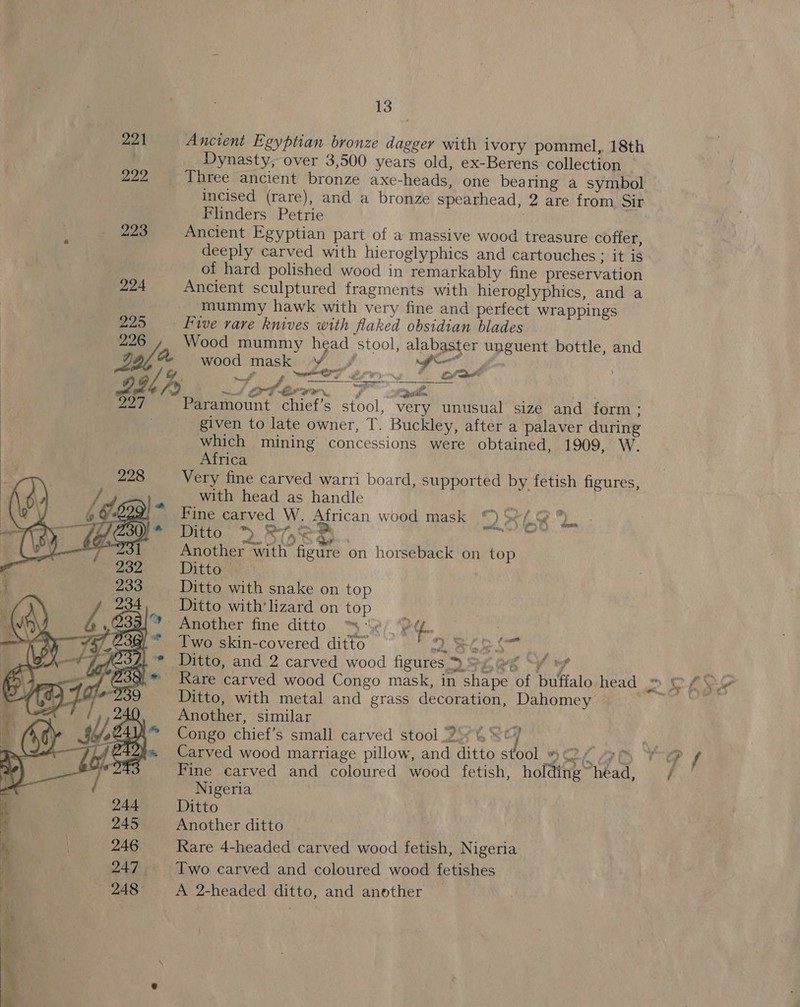  Be | Ancient Egyptian bronze dagger with ivory pommel, 18th Dynasty, over 3,500 years old, ex-Berens collection 222 Three ancient bronze axe-heads, one bearing a symbol _ incised (rare), and a bronze spearhead, 2 are from Sir Flinders Petrie | 223 Ancient Egyptian part of a massive wood treasure coffer, deeply carved with hieroglyphics and cartouches; it is 224 Ancient sculptured fragments with hieroglyphics, and a _ mummy hawk with very fine and perfect wrappings 225 Five vare knives with flaked obsidian blades 20f Wood mummy head stool, alabaster unguent bottle, and   y wood mask YY, foe Z ra fog wT rns a fe (9 —Saterre. FP pnd aT Paramount chief’s stool, very unusual size and form; given to late owner, T. Buckley, after a palaver during which mining concessions were obtained, 1909, W. Africa Very fine carved warri board, supported by fetish figures, with head as handle My SA Fine carved W. African wood mask S) Sn L + Another with figure on horseback on top Ditto Ditto with snake on top Ditto with lizard on top YET *~ Another fine ditto mS x ¥ ‘fe ; Two skin-covered ditto oh Sess Ditto, and 2 carved wood figures ™) Sv, ag “yf wy Kare carved wood Congo mask, in shape of buffalo head 2 SLY Ditto, with metal and grass decoration, Dahomey ) Another, similar Rates BN Congo chief’s small carved stool 2) 68 ©) | . Carved wood marriage pillow, and ditto stool CLG TG f Fine carved and coloured wood fetish, holding” head, / Nigeria | Ditto Another ditto Rare 4-headed carved wood fetish, Nigeria Two carved and coloured wood fetishes } 248 A 2-headed ditto, and another  