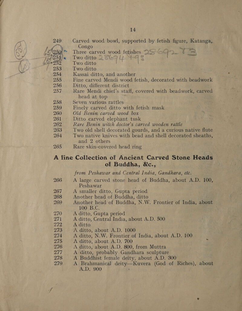 265 414 Carved wood bowl, supported by fetish a Katanga,. Congo ee Three carved wood fetishes 25» oC) ta Two ditto 12, Ow LA. M+ § : ee Two ditto ey Kassai ditto, and another Ditto, different district kare Mendi chiet’s staff, covered with beadwork, carved head at top Seven various rattles Finely carved ditto with fetish mask Old Benin carved wood box Ditto carved elephant tusk Rare Benin witch doctor’s carved wooden rattle Two old shell decorated gourds, and a curious native flute Two native knives with bead and shell decorated sheaths, and 2 others Rare skin-covered head ring 266 267 268 269 270 271 272 273 274 275 276 277 278 279 of Buddha, &amp;c., from. Peshawar and Central India, Gandhara, etc. A large carved stone head of Buddha, about A.D. 100, Peshawar A smaller ditto, Gupta period Another head &amp; Buddha, ditto Another head of Buddha, N.W. Frontier of India, about 100 B.C. A ditto, Gupta period A ditto, Central India, about A.D. 500 A ditto A. ditto, about A.D. 1000 A ditto, N.W. Frontier of India, about A.D. 100 A ditto, about A.D. 700 A ditto, about A.D. 800, from Muttra A ditto, probably Gandhara sculpture A Buddhist female deity, about A.D. 300 A Brahmanical ie! auc (God of Riches), about A.D. 900