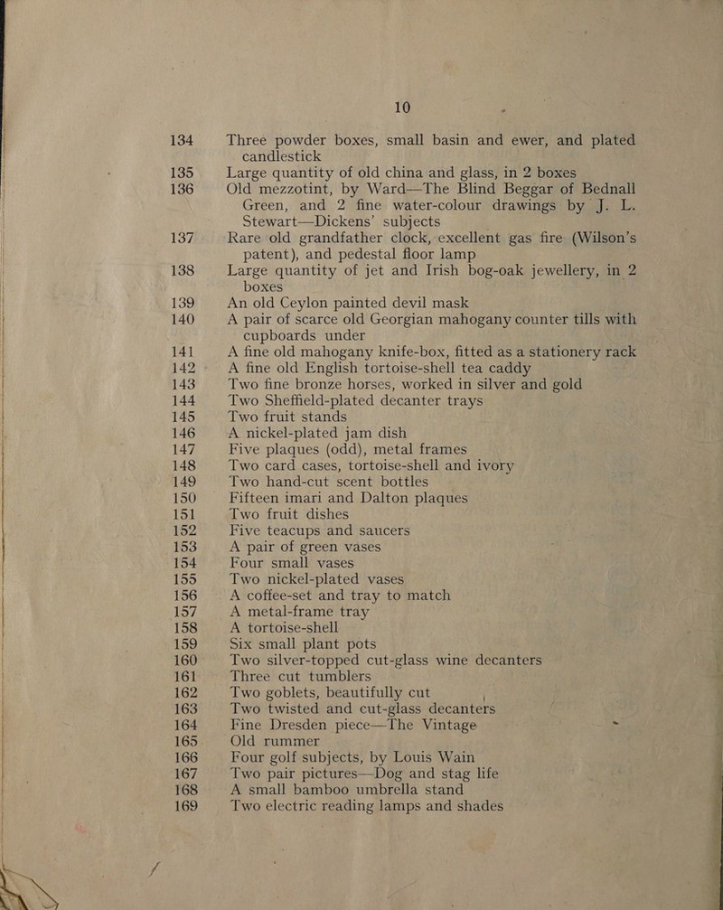  134 135 136 137 138 139 140 141 142 143 144 145 146 147 148 149 150 151 152 153 154 155 156 157 158 159 160 161 162 163 164 165 166 167 168 169 10 Three powder boxes, small basin and ewer, and plated candlestick Large quantity of old china and glass, in 2 boxes Old mezzotint, by Ward—tThe Blind Beggar of Bednall Green, and 2 fine water-colour drawings by J. L. Stewart—Dickens’ subjects Rare old grandfather clock, excellent gas fire (Wilson’s patent), and pedestal floor lamp Large quantity of jet and Irish bog-oak jewellery, in 2 boxes An old Ceylon painted devil mask A pair of scarce old Georgian mahogany counter tills with cupboards under A fine old mahogany knife-box, fitted as a stationery rack A fine old English tortoise-shell tea caddy Two fine bronze horses, worked in silver and gold Two Sheffield-plated decanter trays Two fruit stands A nickel-plated jam dish Five plaques (odd), metal frames Two card cases, tortoise-shell and ivory Two hand-cut scent bottles Fifteen imari and Dalton plaques Two fruit dishes Five teacups and saucers A pair of green vases Four small vases Two nickel-plated vases A metal-frame tray A tortoise-shell Six small plant pots Two silver-topped cut-glass wine decanters Three cut tumblers Two goblets, beautifully cut Two twisted and cut-glass | decanters Fine Dresden piece—The Vintage * Old rummer Four golf subjects, by Louis Wain Two pair pictures—Dog and stag life A small bamboo umbrella stand Two electric reading lamps and shades 
