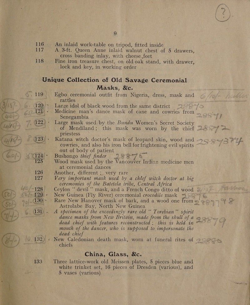 9 116 An inlaid work-table on tripod, fitted inside. dd7. A 3-ft. Queen Anne inlaid walnut chest of 5 drawers, cross banding inlay, with cheese feet 118 Fine iron treasure chest, on old oak stand, with drawer, lock and key, in working order Unique Collection of Old Savage Ceremonial | Masks, &amp;c. | §. 119° Egbo ceremonial outfit from Nigeria, dress, mask and rattles 120yrs Large idol of black wood from the same district 12) - Medicine man’s dance mask of cane and cowries from Senegambia », 122,- Large mask used by the Bundu Women’s Secret Society aercsgie Ne of Mendiland; this mask was worn by the chief priestess cowries, and also his iron bell for frightening evil spirits pe out of body of patient $ (124): Bushongo thief finder DSRS 5 Wood mask used by the Vancouver Indian medicine men at ceremonial dances 126 Another, different ;, very rare 127 Very important mask used by a chtef witch doctor at hig ceremontes of the Batetela tribe, Central Africa “128 | Ceylon “ devil ’’ mask, and a French Congo ditto of wood ‘ AROS iS he = 429 - New Guinea (Fly River) ceremonial crocodile mask “ yC2™ ) fe in} 130 &gt; Rare New Hanover mask of bark, and a wood one rom « e) tf) € peters Astrolabe Bay, North New Guinea ahi ae es 4a3i - A specimen of the exceedingly rare old “ Torebian”’ yy me dance masks from New Britain, made from the skull of a &amp; mouth of the dancer, who 1s supposed to impersonate the a dead chief or 7- } 182) + New Caledonian death mask, worn at funeral rites of 2), TS chiefs China, Glass, Nc. 133 Three lattice-work old Meissen. plates, 5 pieces blue and . white trinket set, 16 pieces of Dresden (various), and  é: a