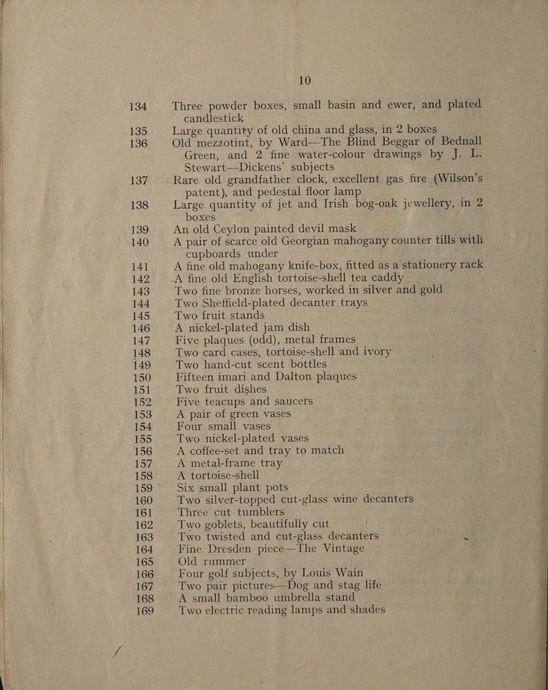 135 136 137 138 139 140 141 142 143 144 145 146 148 149 150 151 152 153 154 155 156 157 158 160 161 162 163 164 165 166 167 168 169 10 candlestick . Large quantity of old china and glass, in 2 boxes : Old mezzotint, by Ward—The Blind Beggar of Bednall Green, and 2 fine water-colour drawings by J. L. Stewart—Dickens’ subjects Rare old grandfather clock, excellent gas fire (Wilson’s patent), and pedestal floor lamp Large quantity of jet and Irish bog-oak jewellery, in 2 boxes An old Ceylon painted devil mask A pair of scarce old Georgian mahogany counter tills with cupboards under A fine old mahogany knife-box, fitted as a stationery rack A fine old English tortoise-shell tea caddy | Two fine bronze horses, worked in silver and gold Two Sheffield-plated decanter trays Two fruit stands A nickel-plated jam dish Five plaques (odd), metal frames Two card cases, tortoise-shell and ivory Two hand-cut scent bottles Fifteen imari and Dalton plaques Two fruit dishes Five teacups and saucers A pair of green vases Four small vases Two nickel-plated vases A coffee-set and tray to match A metal-frame tray A tortoise-shell Six small plant pots Two silver-topped cut-glass wine decanters Three cut tumblers Two goblets, beautifully cut Two twisted and cut-glass decanters Fine Dresden piece—The Vintage Old rummer : Four golf subjects, by Louis Wain Two pair pictures—Dog and stag life A small bamboo umbrella stand Two electric reading lamps and shades 