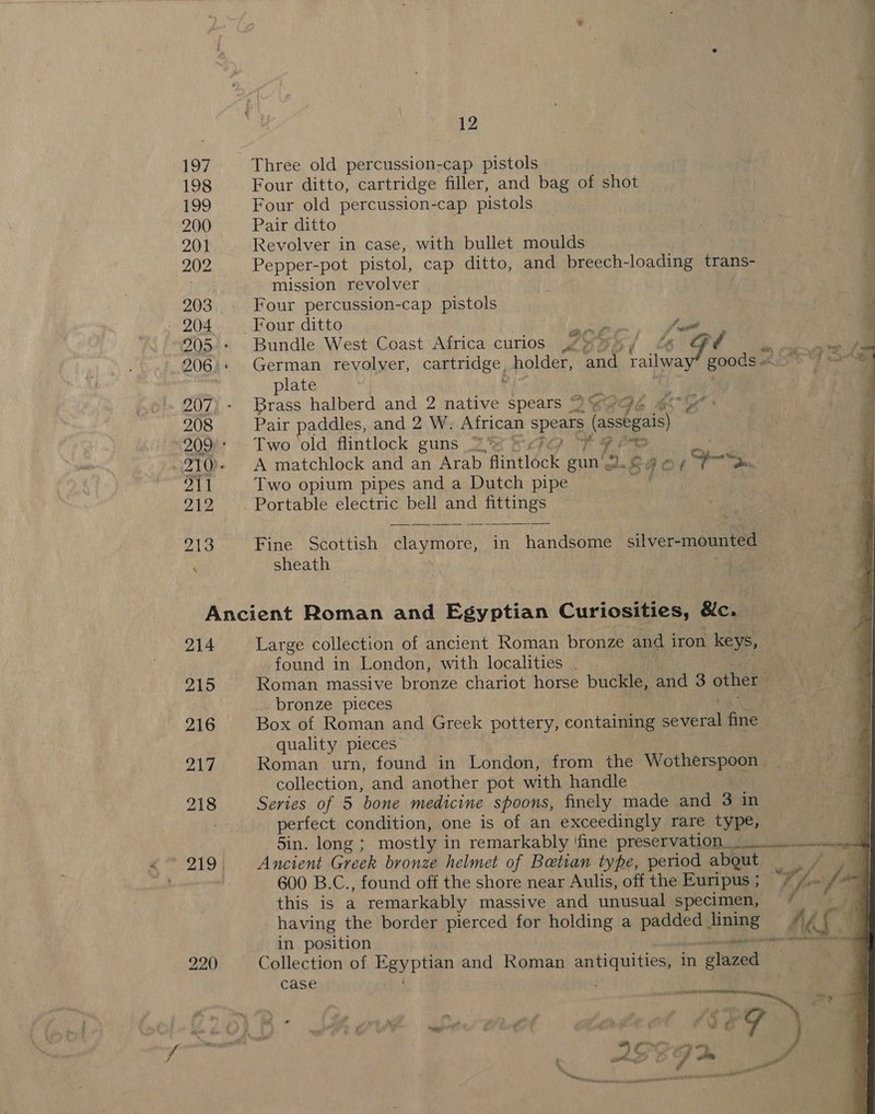 197 Three old percussion-cap pistols 198 Four ditto, cartridge filler, and bag of shot P29 Four old percussion-cap pistols 200 Pair ditto 201 Revolver in case, with bullet moulds 202 Pepper-pot pistol, cap ditto, and breech-loading trans- mission revolver 203. + Four percussion-cap pistols - 204 Four ditto oil oss J - 905.+« Bundle West Coast Africa curios 2s ape ge 28S 206.+ German revolver, cartridge, holder, Ah Fue goods hes 6 ae plate 907) - Brass halberd and 2 native spears 2&amp;RG@é4 eC: 208 Pair paddles, and 2 W. African sprite eree 209': Two old flintlock guns 2%) ee Snes 210)- A matchlock and an Arab fintlock gun 2 ai SAO ¢ ene 3 211 Two opium pipes and a Dutch pipe ‘ 212 . Portable electric bell and fittings  213 Fine Scottish claymore, in handsome silver-mounted | &lt; sheath . Ancient Roman and Egyptian Curiosities, &amp;c. 214 Large collection of ancient Roman bronze and i iron keys, found in London, with localities _ 215 Roman massive bronze chariot horse buckle, and 3 ea i! bronze pieces 216 Box of Roman and Greek pottery, containing ee fine quality pieces vAN | Roman urn, found in London, from the Wotherspoon collection, and another pot with handle 218 Series of 5 bone medicine spoons, finely made and 3 in perfect condition, one is of an exceedingly rare type, 5in. long ; mostly in remarkably ‘fine preservation 219 Ancient Greek bronze helmet of Betian type, period abgut dl 600 B.C., found off the shore near Aulis, off the Euripus ; Vp of ‘ this is a remarkably massive and unusual specimen, | . having the border pierced for holding a epee jee he (ra in position -- ne: 220 Collection of Keypien and Roman Leap AT ON in ‘glazed g case 