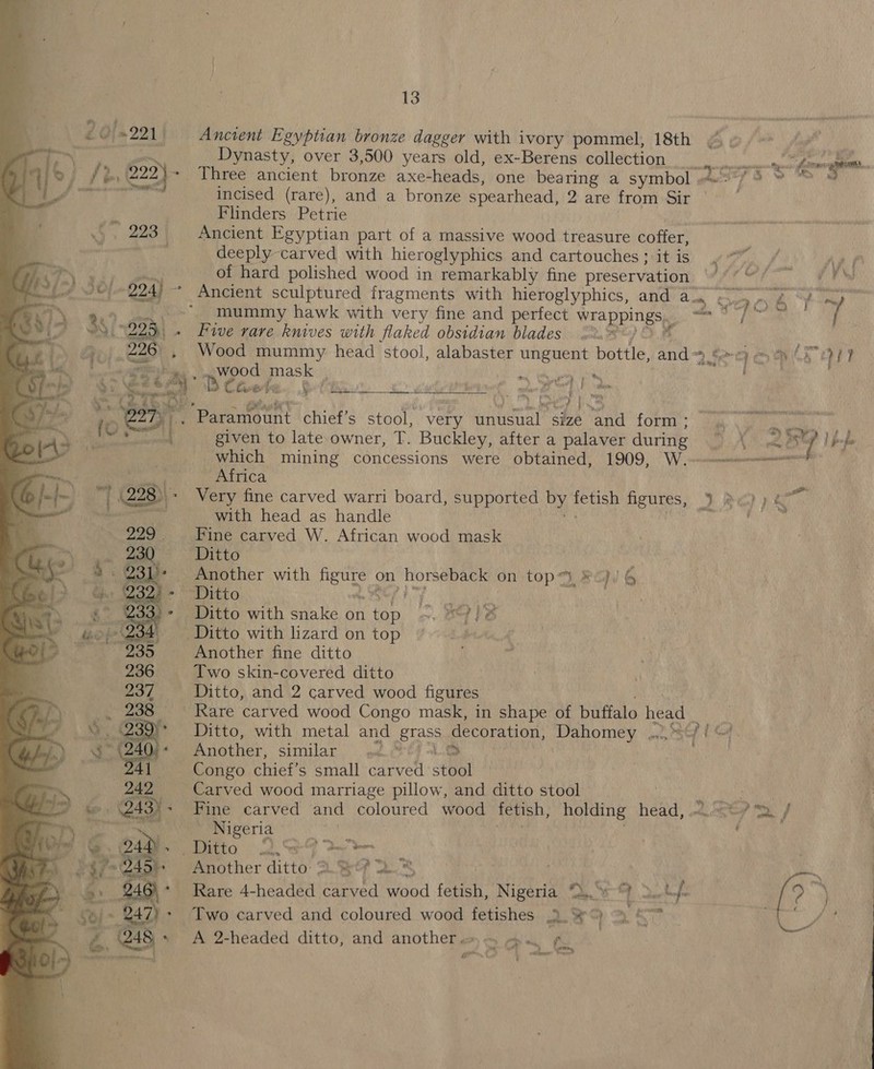 Ancient Egyptian bronze dagger with ivory pommel, 18th Dynasty, over 3,500 years old, ex-Berens collection incised (rare), and a bronze spearhead, 2 are from Sir Flinders Petrie Ancient Egyptian part of a massive wood treasure coffer, deeply carved with hieroglyphics and cartouches ; it is of hard polished wood in remarkably fine preservation. Ancient sculptured fragments with hieroglyphics, and a. oy Se mummy hawk with very fine and perfect Wie DpIn asi Five rare knives with flaked obsidian blades ey Wood mummy head stool, alabaster unguent bottle, and 29e wood es z) Be Ciet y og mn &amp; : ; Yes : ipa yeh oa Foran ttent chief’s stool, very unusual size and four given to late owner, T. Buckley, after a palaver during which mining concessions were obtained, 1909, W.. Africa Very fine carved warri board, supported py ae boy figures, with head as handle Fine carved W. African wood mask &gt; Ditto 231+ Another with etd on Rie on top”), Fup ‘Ditto Ditto with snake on ioe. Ditto with lizard on top Another fine ditto Two skin-covered ditto Ditto, and 2 carved wood figures Rare carved wood Congo mask, in shape of buffalo head Ditto, with metal and ae decoration, Dahomey Another, similar 1.O Congo chief’s small carved stool Carved wood marriage pillow, and ditto stool - Fine carved and coloured wood fetish, holding head, wy “ wiser a ag OY at Tk OP att y  ee f © ete] ret 7 j Ps site Nigeria . Pimito ° 22,5 Rants Another ditto: 2. 2% Rare 4-headed ie Bs wood fetish, Nigeria yi &gt;. Lf Two carved and coloured wood fetishes pe 9 &gt;) * peso ‘A 2-headed ditto, and anotheres @. ¢ a |  AO 4% 