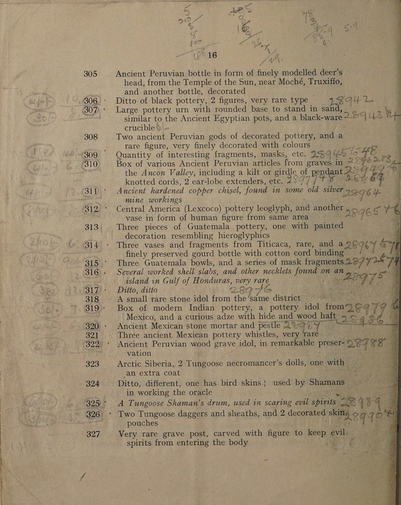 SAP * / Ancient Peruvian bottle in form of finely modelled deer’s head, from the Temple of the Sun, near Moché, Truxifio, © and another bottle, decorated Ditto of black pottery, 2 figures, very rare type JAH a2 Large pottery urn with rounded base to stand in sand,  the Ancon Valley, including a kilt or Saks ee _ Beasant knotted cords, 2 ear-lobe extenders, etc. 40: we g 4 Ancient hardened copper chisel, found in some it silver 22GG y- mine workings Central America (Lexcoco) pottery leoglyph, aa another ay “¢ vase in form of human figure from same area 29-96     decoration resembling hieroglyphics Three vases and fragments from Titicaca, rare, and a 20 TY ey finely preserved gourd bottle with cotton cord binding * Three Guatemala bowls, and a series of mask 2 a 77k 4 Several. worked shell slabs, and other necklets jets on an kee island in Gulf of H onduras, very rare Ae TL. q Ditto, ditto 289 7 AC | s A small rare stone idol from the ‘same district Box of modern Indian pottery, a pottery idol from 2 2 79 Mexico, and a curious adze with hide and. wood bait? ‘sd! Ancient Mexican stone mortar and pestle 2 Q ¢ base a4 3 Three ancient Mexican pottery whistles, very rare» } Ancient Peruvian wood grave idol, in remarkable Prone: ae ee , vation Arctic Siberia, 2 Tungoose necromancer’s dolls, one with an extra can Ditto, different, one has bird skins} used by Shamans _ in working the oracle A Tungoose Shaman’s drum, used in scaring evil aint AR 4 bas , = pouches Very rare grave post, carved with figure to keep evil. spirits from entering the body 47 9 7 a