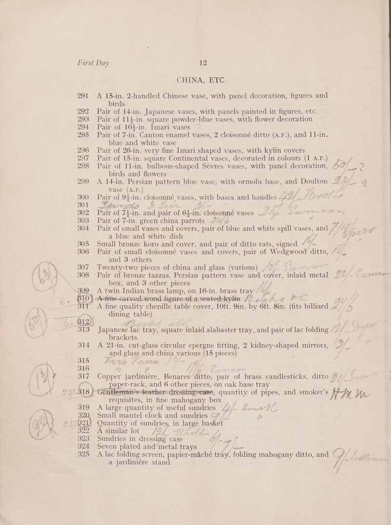 CHINA sH EC. 291 A 15-in. 2-handled Chinese vase, with panel decoration, figures and birds 292 Pair of 14-in. Japanese vases, with panels painted in figures, etc. 293 Pair of 114-in. square powder-blue vases, with flower decoration 294 Pair of 104-in. Imari vases 295 Pair of 7-in. Canton enamel vases, 2 cloisonné ditto (A.F.), and 11-in. blue and white vase 296 Pair of 26-in. very fine Imari shaped vases, with kylin covers 297 Pair of 15-in. square Continental vases, decorated in colours (1 A.F.) , 298 Pair of 1l-in. bulbous-shaped Sévres vases, with panel decoration, 4&lt;¢ birds and flowers a 299 &lt;A 14-in. Persian pattern blue vase, with ormolu base, and Doulton at vase (A.F.) SF ae 300 Br iy of 94 pin. cloisonne, vases, with bases and handles 44 301 ‘ = pei 302 poe Bt stn and pair a, 64-in. cloisonné vases . | eS ee 303 Pair of 7-in. green china parrots Fs nee 304 Pair of small vases and covers, pair of are and white spill vases, and VSLAG a blue and white dish at hed 305 Small bronze koro and cover, and pair of ditto rats, signed # ~ | 306 Pair of small cloisonné vases and covers, pair of Wedgwood ditto, “« and 3 others 307 Twenty-two pieces of china and glass (various) 308 Pair of bronze tazzas, Persian pattern vase and cover, inlaid metal box, and 3 other pieces | -309 A twin Indian brass lamp, on 16-in. brass tray “~~ , B10)- A-fme-carved wood figure of a seated-kylin // a 4¢/ 3tt A fine quality chenille table cover, 10ft. 9in. by Git. Bar Seis billiard .//# 1D) aes oe aise Japanese Tac tray, square inlaid alabaster tray, and pair of lac Loge p brackets 314 &lt;A 21-in. cut-glass circular epergne fitting, 2 kidney-shaped mirrors, and glass and china various (15 pieces) 315 FAO | 316 317 Copper eenmnere) entree ditto, pair af brass candlesticks, ditto” paper-rack, and 6 other pieces, on oak base tray os fis) Gentleman’s* leather dressingease, quantity of pipes, and smoker’ s * fae We requisites, in fine mahogany box , _ 319 A large quantity of useful sundries 4 £urF 320, Small mantel clock and sundries ©* 321) Quantity of sundries, in large basket a2c8 A similar lot J?) + tang 323 Sundries in dressing case &amp; 324 Seven plated and’metal trays | 325 A lac folding screen, papier-mAché tray, foldirig mahogany ditto, and | $, . a jardiniére stand rf Bi Pie: =  wale