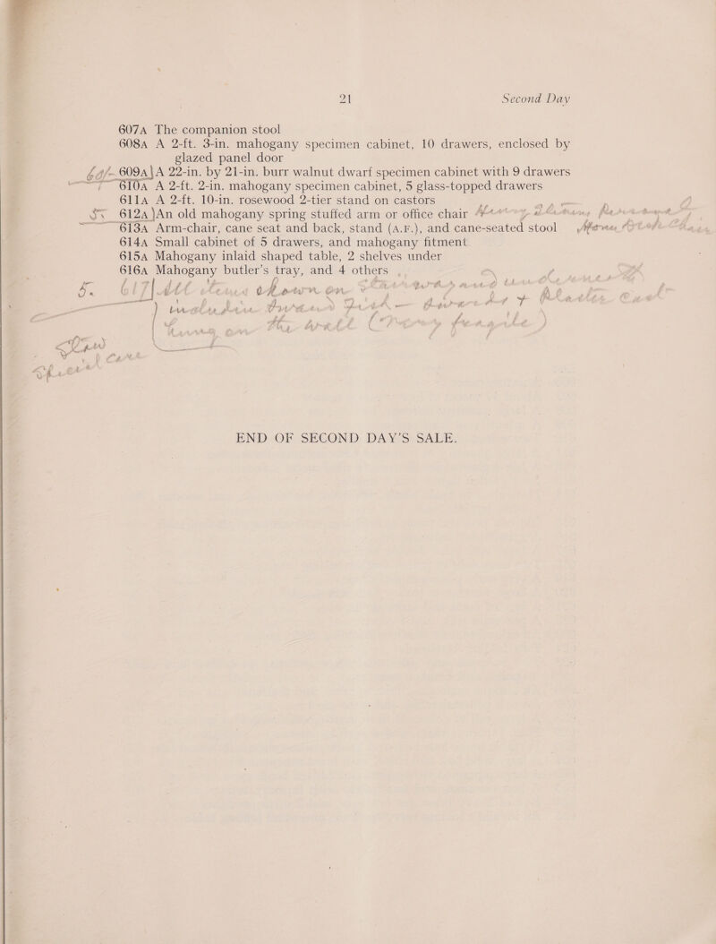  21 Second Day 607A The companion stool 608a A 2-ft. 3-in. mahogany specimen cabinet, 10 drawers, enclosed by glazed panel door be A. 609a\A 22-in. by 21-in. burr walnut dwarf specimen cabinet with 9 drawers ing oe Sita A 2-ft. 2-in. mahogany specimen cabinet, 5 glass-topped drawers 6l1a A 2-ft. 10-in. rosewood 2-tier stand on castors a a a Ee 612 )An old mahogany spring stuffed arm or office chair 4@t@0 0 e@atey few 614A Small cabinet of 5 drawers, and mahogany fitment 6154 Mahogany inlaid shaped table, 2 shelves under 616A Eeahogany: butler’s tray, and 4 othe $ : | / a A J : Pa hs betctert) Coteot n Hf LTA ie sa $ 04 ot id a , 4 | Ps % ox : e p* Ze Say ees ‘ et ‘—- SY Gea Pe Se ae i | or ti 2 Agt 4 b got Yo* Le (7 ee : . ee toP 2S By i gt ¥ f.9 ; “ ) i at Ae Lary ff A } i es ey ; A | f aif Ve \ Fal fi ca = Fo ot a ae lee / yy ' Ay # Pr . END-OF. SECOND: DAYS SALE. 