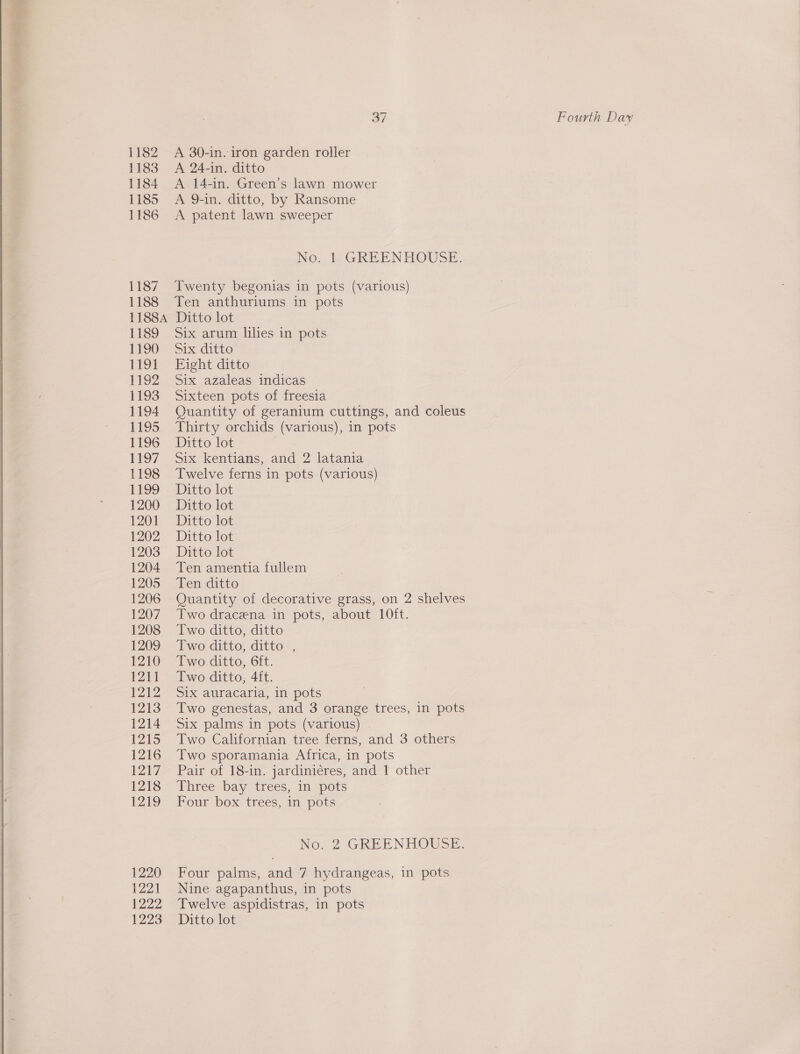  1185 1186 1187 1188 [i898 L192 1193 1195. 1197 1198 1204 1206 1207 1208 1209 1210 1211 1212 1213 1214 1215 1216 1217 1218 1219 1221 1222 37 Fourth Day A 9-in. ditto, by Ransome A patent lawn sweeper No,.1 GREENHOUSE. Twenty begonias in pots (various) Ten anthuriums in pots Six arum lilies in pots Six azaleas indicas Sixteen pots of freesia Quantity of geranium cuttings, and coleus Thirty orchids (various), in pots Six kentians, and 2 latania Twelve ferns in pots (various) Ten amentia fullem Quantity of decorative grass, on 2 shelves Two draceena in pots, about 10ft. Two ditto, ditto Two ditto, ditto: , Two.ditto, 6ft. Two ditto, 4ft. Six auracaria, in pots Two genestas, and 3 orange trees, in pots Six palms in pots (various) Two Californian tree ferns, and 3 others Two sporamania Africa, in pots Pair of 18-in. jardiniéres, and 1 other Three bay trees, im pots Four box trees, in pots No: 2 GREENHOUSE. Nine agapanthus, in pots Twelve aspidistras, in pots 