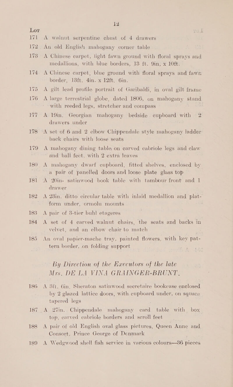 186 A walnut serpentine chest of 4 drawers An old English mahogany corner table A Chinese carpet, light fawn ground with floral sprays and medallions, with blue borders, 13 ft. 9in, x 1Oft. A Chinese carpet, blue ground with floral sprays and fawn A gilt lead profile portrait of Garibaldi, in oval gilt frame A large terrestrial globe, dated 1806, on mahogany stand with reeded legs, stretcher and compass | , A 19in. Georgian mahogany bedside. cupboard with 2 baek chairs with loose seats A mahogany dining table on carved cabriole legs and claw and ball feet. with 2 extra leaves A mahogany dwarf cupboard. fitted shelves, enclosed by gan: P ; a pair of panelled doors and loose plate glass top drawer A 28in. ditto circular table with inlaid medallion and plat- form under, ormolu mounts , A pair of 8-tier buhl etageres A set of 4 carved walnut chairs, the seats and backs in velvet, and an elbow chair to match An oval papier-mache tray, painted flowers, with key pat- tern border, on folding support ~ By Direction of the Haecutors of the late Mrs, DE LA VINA GRAINGER-BRUNT. A 38ft. Gin, Sheraton satinwood secretaire bookcase enclosed by 2 glazed lattice doors, with cupboard under, on square ame \y AO tapered legs top, carved cabriole borders and scroll feet A pair of old English oval glass pictures, Queen Anne and Consort, Prince George of Denmark A Wedewood shell fish service in various colours—86 pieces