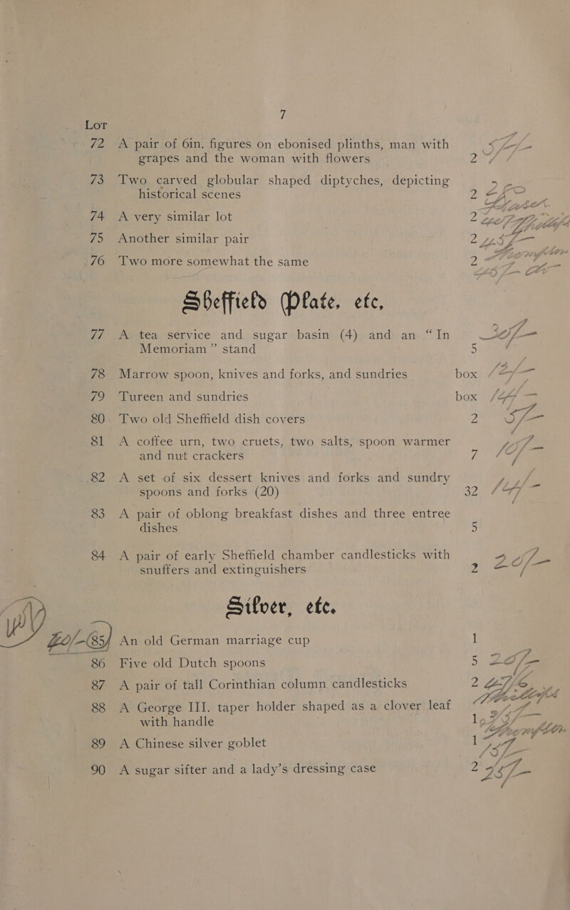 e fe 73 74 75 70 7/7 78 hy 80 sl 82 83 84 (EL) 87 88 89 90 7 A pair of 6in. figures on ebonised plinths, man with grapes and the woman with flowers Two carved globular shaped diptyches, depicting historical scenes A very similar lot Another similar pair Two more somewhat the same Sheffield Dfate, ete, Pautea service: and» sugars,basini. (4). and?.am .“ In Memoriam” stand Marrow spoon, knives and forks, and sundries Tureen and sundries Two old Sheffield dish covers A coffee urn, two cruets, two salts, spoon warmer and nut crackers A set of six dessert knives and forks and sundry spoons and forks (20) A pair of oblong breakfast dishes and three entree dishes A pair of early Sheffield chamber candlesticks with snuffers and extinguishers Silver, ete. An old German marriage cup Five old Dutch spoons A pair of tall Corinthian column candlesticks A George III. taper holder shaped as a clover leaf with handle A Chinese silver goblet A sugar sifter and a lady’s dressing case ~ — a D; ( ye &gt; : LH “LOE a a ST 2 F rae ais Le ¢ ge 2 jf bee” / of-™ ve pe. a - ¢* , ~ e a “gh £ — Lo f- ase 5 box (off ==