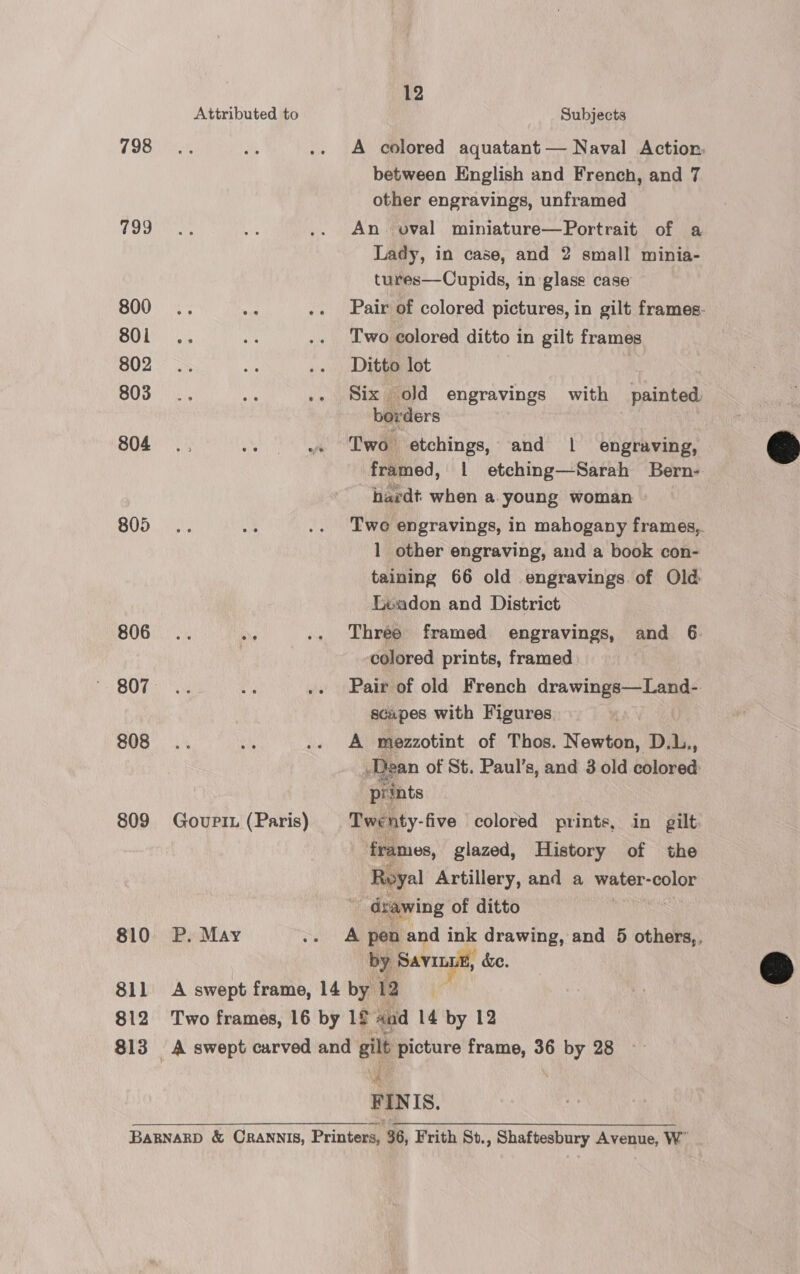 798 800 801 802 803 804 805 806 808 809 810 811 812 Attributed to GouPit (Paris) P. May 12 Subjects A colored aquatant — Naval Action, between English and French, and 7 other engravings, unframed An oval miniature—Portrait of a Lady, in case, and 2 small minia- tures—Cupids, in glass case Pair of colored pictures, in gilt frames: Two colored ditto in gilt frames Ditto lot Six old engravings with painted borders Two etchings, and | engraving, framed, | etching—Sarah Bern- hardt when a. young woman Two engravings, in mahogany frames,. 1 other engraving, and a book con- taining 66 old engravings of Old Leadon and District Three framed engravings, and 6 colored prints, framed Pair of old French drawings—Land-. scupes with Figures A mezzotint of Thos. Newton, D.L., Dean of St. Paul’s, and 3 old ebloveds prints Twenty- five colored prints, in gilt frames, glazed, History of the Royal Artillery, and a Sikinacal ager , drawing of ditto A pen and ink drawing, and 5 others,, by SAVILLE, &amp;e. 4 FINIS.  