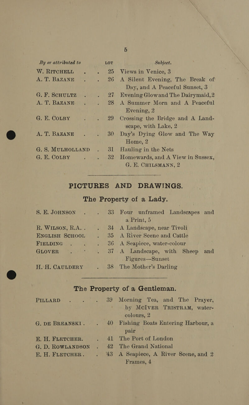 W. RITCHELL . pee Ly A. T. BAZANE ; ie Fea} G. F. SCHULTZ ... Fim ed A. T. BAZANE : bueno Gh CoLey, 4) iio 29 A. T. BAZANE ‘ fe oO G.S. MULHOLLAND. 3l G. EK. COLBY : Lae Views in Venice, 3 A Silent Evening, The Break of Day, and A Peaceful Sunset, 3 Evening Glowand The Dairymaid, 2 A Summer Morn and A Peaceful Evening, 2 Crossing the Bridge and A Land- scape, with Lake, 2 Day’s Dying Glow and The Way Home, 2 | Hauling in the Nets Homewards, and A View in Sussex, G. EK. CHILSMANN, 2 S. KE. JOHNSON. Wao R. WILSON, R.A. . 34 ENGLISH SCHOOL mNgDD FIELDING .. : £036 GLOVER .. ; oe aT H. H. CAULDERY a G238 Four unframed Landscapes and aserint, 3 A Landscape, near Tivoli A River Scene and Cattle A Seapiece, water-colour A Landscape, with Sheep and Figures—Sunset The Mother’s Darling PILLARD . i ee OO G. DE BREANSKI . , aa BE. H. FLETCHER. ender: 4 G.D. ROWLANDSON . 42 BE. H. FLETCHER. oie Morning Tea, and The Prayer, by McIVER TRISTRAM, water- colours, 2 Fishing Boats Entering Harbour, a pair The Port of London The Grand National A Seapiece, A River Scene, and 2 Frames, 4