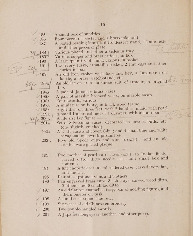 193 194 195 196 VA Y 198 200 10 A small box of sundries ~~ Four pieces of pewter and a brass inkstand and other pieces of plate Various plated and other articles in tray Various copper and brass articles, in box A large quantity of china, various, in basket Two ivory tusks, armadillo basket, 2 emu eggs and other curios In box An old iron casket with lock and key, a Japanese iron kettle, a brass watch-stand, etc. box A pair of Japanese brass vases A pair of massive bronzed vases, on marble bases Four swords, various A gilt dish on three feet, with 2 handles, inlaid with pearl A small Italian cabinet of 4 drawers, with inlaid door A life size lay figure —_~— Sat Set of 3 Satsuma vases, eeaied in flowers, birds, etc. (one slightly cracked) A Delft vase and cover, 8-in. ; and 4 small blue and white sexagonal openwork jardiniéres Five old Spode cups and saucers (A.F.); and .an- Old earthenware glazed plaque Two mother-of-pearl card cases (A.F.), an Indian finely- carved ditto, ditto needle case, and small box and contents A fine chopstick set in embr oidered case, carved ivory fan, and another Pair of soapstone kylins and 3 others An old Canton enamelled tray, pair of nodding Heures, and thermometer on tusk A number of silhouettes, etc. Six pieces of old Chinese embroidery Two double-handled swords A Japanese long spear, another, and other pieces a