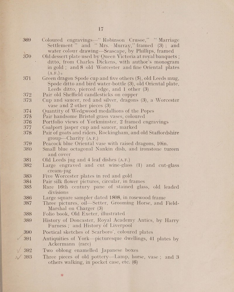 369 371 372 373 374 375 376 377 378 3/9 380 381 382 383 384 385 386 387 388 389 390 ‘391 /. 392 \/ 393 i Coloured engravings—‘‘ Robinson Crusoe,’ “ Marriage Sermement ¥ and. Mrs. Murray: -tramed *. (3); and water colour drawing——-Seascape, by Phillips, framed Old dessert plate used by Queen Victoria at royal banquets ; ditto, from Charles Dickens, with author’s monogram in gold ; and8 old Worcester and fine Oriental plates (A.F.) 4 Green dragon Spode cup and five others (5), old Leeds mug, Spode ditto and bird water-bottle (3), old Oriental plate, Leeds ditto, pierced edge, and 1 other (3) Pair old Sheffield candlesticks on copper Cup and saucer, red and silver, dragons (3), a Worcester vase and 2 other pieces (3) Quantity of Wedgwood medallions of the Popes Pair handsome Bristol grass vases, coloured Portfolio views of Yorkminster, 2 framed engravings Coalport jasper cup and saucer, marked Pair of goats and riders, Rockingham, and old Staffordshire eroup—Charity (A.F.) Peacock blue Oriental vase with raised dragons, 10in. Small blue octagonal Nankin dish, and ironstone tureen and cover Old Leeds jug and 4 leaf dishes (A.F.) Large engraved and cut wine-glass (1) and cut-glass cream-jug Five Worcester plates in red and gold Pair silk flower pictures, circular, in frames Rare 16th century pane of stained glass, old leaded. divisions Large square sampler dated 1808, in rosewood frame Three pictures, oil—Setter, Grooming Horse, and Field- Marshal on Charger (3) Folio book, Old Exeter, illustrated - History of Doncaster, Royal Academy Antics, by Harry Furness ; and History of Liverpool : Poetical sketches of Scarboro’, coloured plates Antiquities of York—picturesque dwellings, 41 plates by Ackermann (rare) Two oblong enamelled Japanese boxes Three pieces of old pottery—Lamp, horse, vase; and 3 others walking, in pocket case, etc. (6) o @