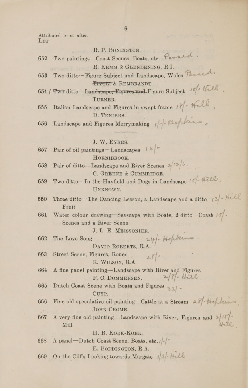 Lor R. PR. BONINGTON. 652 Two paintings—Coast Scenes, Boats, ete. R. KEMM &amp; GLENDENING, R.I. 653 Two ditto-—Figure Subject and Landscape, Wales /¢=< | Brvorr &amp; REMBRANDT. 7 eee 654 / Pwo ditto—Lendscape~Higures-and-Figure Subject ae RAN TURNER. ee 1a)° He KX i = ey fon oX : * A, 655 Italian Landscape and Figures in swept frame D. TENIERS. 656 Landscape and Figures Merrymaking 1} |. Deh\tArwreo ,   J. W, EYREs. 657 Pair of oil paintings — Landscapes HORNIBROOK. Sag 658 Pair of ditto—Landscape and River Scenes +//* G. C. GREENE &amp; CUMMRIDGE. ee 659 Two ditto—In the Hayfield and Dogs in Landscape /°/* Hehe , UNKNOWN. 660 Three ditto—The Dancing Lesson, a Landscape and a ditto— 3/ “MA Fruit aie 661 Water colour drawing—Seascape with Boats, 2 ditto—Coast /0 - Scenes and a River Scene J. L. E. MEISSONIER. 4 f Fate » LCA Aine ed 662 The Love Song 2. i) He: DAVID ROBERTS, R.A. 663 Street Scene, Figures, Rouen of, R. WILSON, R.A. 664 A fine panel painting—Landsecape with River and Figures P. C. DOMMERSEN. 2/ ]}- ALOLk 665 Dutch Coast Scene with Boats and Figures . . > _ CUYP. P = , F 666 Fine old speculative oil painting-—Cattle at a Stream a Fy Wot fete | : JOHN CROME. ) 667 A very fine old painting—Landscape with River, Figures and 2/1 Mill AEE H. B. KOEK-KOEK. 668 A panel—Dutch Coast Scene, Boats, etc. 1/- |- B. BoppINGTON, R.A. :