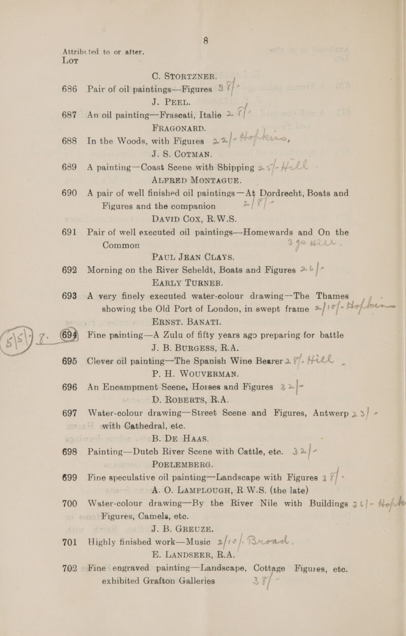 686 688 689 690 692  698 699 700 701 702 C. STORTZNER. - Pair of oil paintings—Figures ~ fy J. PEEL. | An oil painting—Fraseati, Italie 2 | : FRAGONARD. -: | In the Woods, with Figures 2% [+ epee, J. 8. COTMAN. ¥ f2ai8 A painting—Coast Scene with Shipping 2s) ALFRED MONTAGUE. A pair of well finished oil Delmas 4 Dordrecht, Boats and Figures and the companion 2} | DAVID Cox, R.W.S. Pair of well executed oil paintings—Homewards and on the Common oF? ee PAUL JEAN CLAYS. Morning on the River Scheldt, Boats and Figures * © |- HARLY TURNER. ji é j-t ht tad f et See een showing the Old Port of London, in swept frame * ERNST. BANATI. J. B. BURGESS, R.A. Clever oil painting—The Spanish Wine Bearer 2 \” - Ek P. H. WOUVERMAN. An Eneampment Scene, Horses and Figures 3 » |- -D. Roperts, R.A. Water-colour drawing—Street Scene and Figures, Antwerp 23) - ~ awith Cathedral, etc. | -B. DE HAAS. Painting—Dutch River Scene with Cattle, ete. 3 %/- _POELEMBERG. Fine speculative oil painting—Landscape with Figures 2 r/ . A. O. LAMpLOUGH, R.W.S. (the late) Water-colour drawing—By the River Nile with Buildings 2 ¢!- Hoh ‘Figures, Camels, etc. . J. B. GREUZE. | | Highly finished work— Music 2/1 0}. veal E. LANDSEER, R.A. Hine engraved painting—Landscape, Cottage Figures, ete. exhibited Grafton Galleries gi