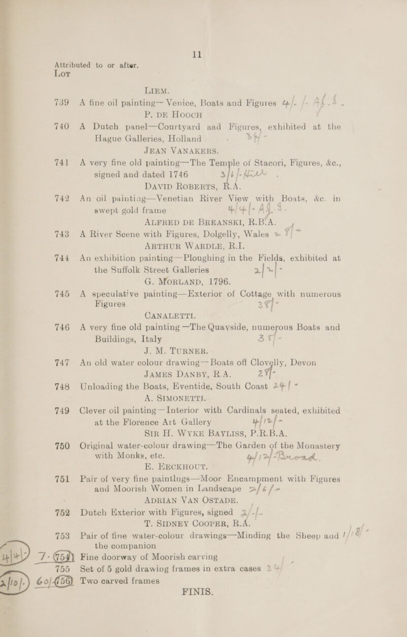 es fio 11 Lor 739 740 741 743 744 745 746 747 748 749 750 751 752 753 755 LIEM. ; A fine oil painting— Venice, Boats and Figures 4/- /- © P. DE HOOCH A Dutch panel—Courtyard aad Pigures, exhibited at the Hague Galleries, Holland ' i JEAN VANAKERS. A very fine old painting—The ooh of Stacori, Figures, &amp;e., 7 tye t j j &amp; fo LAA signed and dated 1746 S DAVID RoBERTS, R.A. An oil painting—Venetian River View with os &amp;e. in swept gold frame - Oe | pe [- al aa ALFRED DE BREANSKI, R.B.A. ; A River Scene with Figures, Dolgelly, Wales » 7 ARTHUR WARDLE, B.I. An exhibition painting—Ploughing in the Fields, exhibited at the Suffolk Street Galleries 2| | : G. MoRLAND, 1796. | A speculative painting—Exterior of Cottage, with numerous Figures 2¢ ts CANALETTI. A very fine old painting —The Quayside, numerous Boats and Buildings, Italy 2 T1- J. M. TURNER: An old water colour drawing— Boats off Clovelly, Devon JAMES DANBY, R.A. 2qf- | Unloading the Boats, Eventide, South Coast 24{ - A. SIMONETTI. Clever oil painting—Interior with oamals seated, exhibited at the Florence Art Gallery y/ 12/ - Sir H. WYKE BAYLISS, P-R. B. A. Original water-colour drawing—The Garden of the Monastery with Monks, ete. ef 2} cead. E. KECKHOUT. Pair of very fine paintlngs— Moor Encampment with Figures and Moorish Women in Landscape afe/- ADRIAN VAN OSTADE. Dutch Exterior with Figures, signed 3, -[- T. SIDNEY Cooper, B.A. Pair of tine water-colour drawings—Minding the Sheep aad // the companion Fine doorway of Moorish carving Set of 5 gold drawing frames in extra cases *% FINIS.