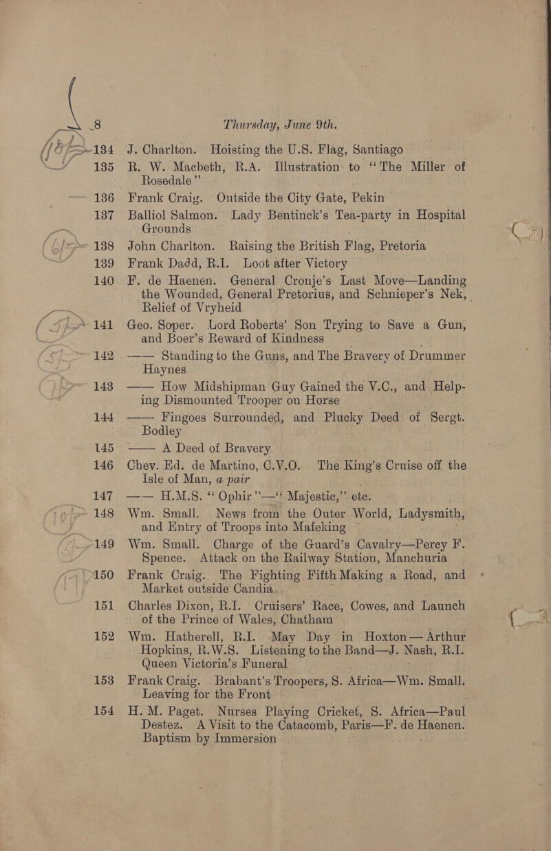 J. Charlton. Hoisting the U.S. Flag, Santiago . R. W. Macbeth, R.A. Illustration to ‘‘The Miller of _ Rosedale” Frank Craig. Outside the City Gate, Pekin Balliol Salmon. Lady Bentinck’s Tea-party in Hospital Grounds John Charlton. Raising the British Flag, Pretoria Frank Dadd, R.I. Loot after Victory F. de Haenen. General Cronje’s Last Move—Landing Relief of Vryheid Geo. Soper. ord Roberts’ Son Trying to Save a Gun, and Boer’s Reward of Kindness —— Standing to the Guns, and The Bravery of Drummer Haynes —— How Midshipman Guy Gained the V.C., and Help. ing Dismounted Trooper on Horse —— Fingoes Surrounded, and Piucky Deed of ‘Seret. Bodley —— A Deed of Bravery | Chev. Ed. de Martino, C.V.O. The King’s Cruise off the Isle of Man, a pair —— H.M.S8. ‘‘ Ophir ’’—‘* Majestic,” etc. Wm. Small. News from the Outer World, Ladysmith, and Kntry of Troops into Mafeking Wm. Small. Charge of the Guard’s Cavalry—Percy F. Spence. Attack on the Railway Station, Manchuria Frank Craig. The Fighting Fifth Making a Road, and Market outside Candia Charles Dixon, R.I. Cruisers’ Race, Cowes, and Launch - of the Printe of Wales, Chatham Hopkins, R. W. S. Listening to the Band—J. Nash, B.D Queen Victoria’s Funeral Frank Craig. . Brabant’s Troopers, $8. Africa—Wm. ‘Small. Leaving for the Front Destez. A Visit to the Catacomb, Pare: de Haenen. Baptism by Immersion 