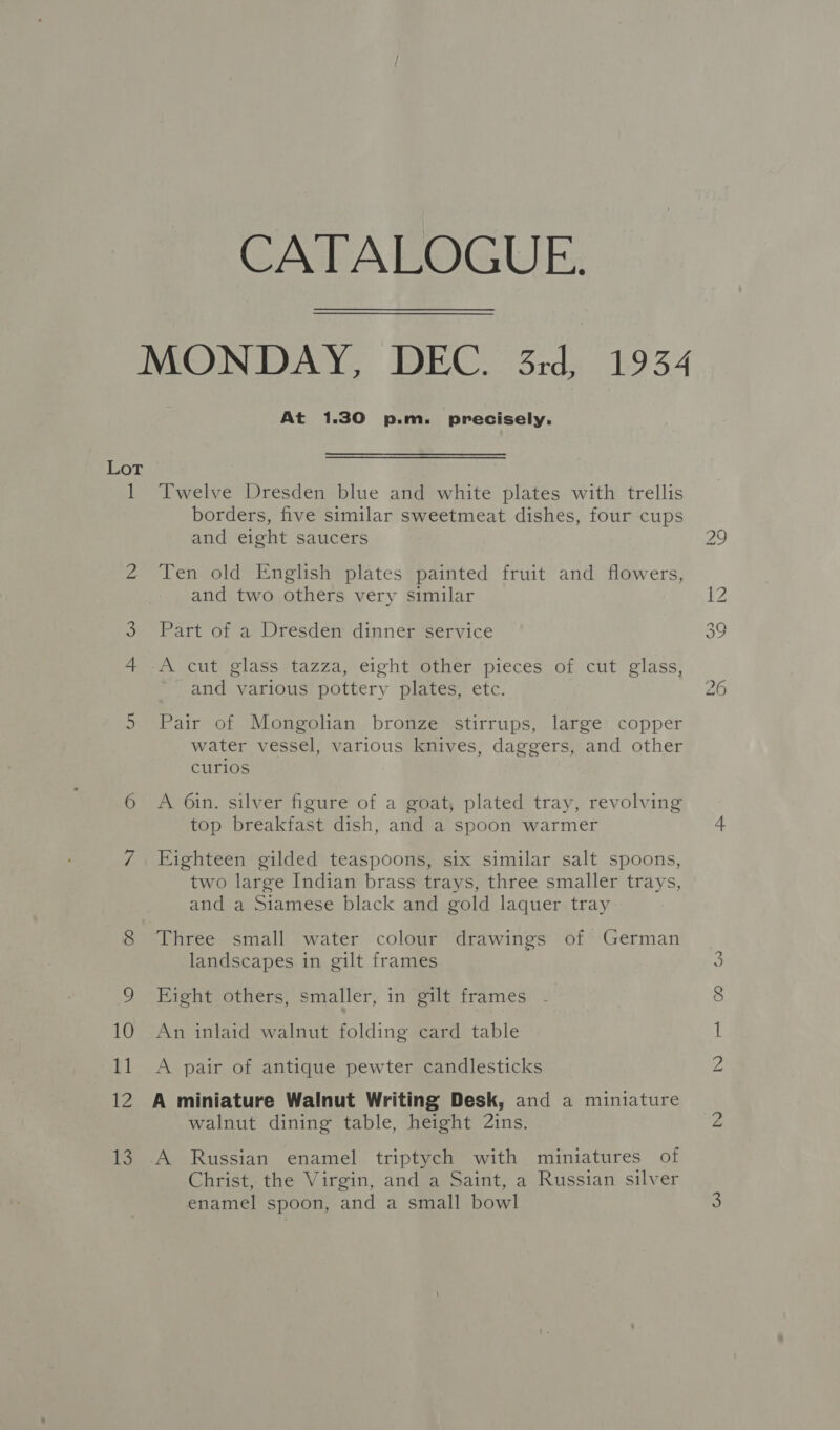 CATALOGUE. MONDAY, DEC. 3rd, 1934 At 1.30 p.m. precisely. Lot 1 Twelve Dresden blue and white plates with trellis borders, five similar sweetmeat dishes, four cups and eight saucers 29 2 ‘Ten old English plates painted fruit and flowers, and two others very similar {2 3 Part of a Dresden dinner service 39 A cut glass tazza, eight other pieces of cut glass, and various pottery plates, etc. 26 5 Pair of Mongolian bronze stirrups, large copper water vessel, various knives, daggers, and other curios 6 A 6in. silver figure of a goat, plated tray, revolving top breakfast dish, and a spoon warmer 4 7 Eighteen gilded teaspoons, six similar salt spoons, two large Indian brass trays, three smaller trays, and a Siamese black and gold laquer tray 8 Three small water colour drawings of German landscapes in gilt frames 3 9 Eight others, smaller, in gilt frames 8 10 An inlaid walnut folding card table 1 11 A pair of antique pewter candlesticks 2 12 A miniature Walnut Writing Desk, and a miniature walnut dining table, height 2ins. 13 A Russian enamel triptych with miniatures of Christ, the Virgin, and a Saint, a Russian silver