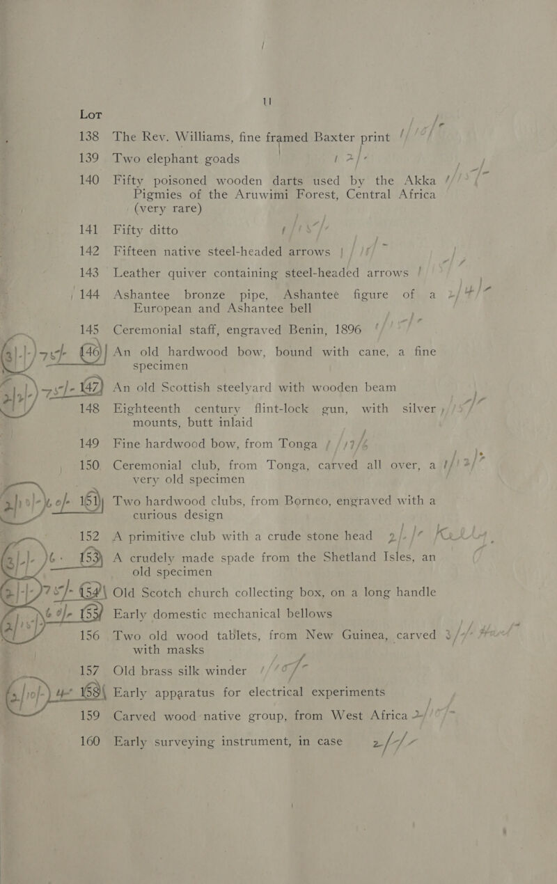 Lot j 138 The Rev. Williams, fine framed Baxter print / . J } 139 Two elephant goads | 2/+ Pigmies of the Aruwimi Forest, Central Africa | | (very rare) 141 Fifty ditto y/ 142 Fifteen native steel-headed arrows S -_ 143. Leather quiver containing steel-headed arrows | 144 Ashantee bronze pipe, Ashantee figure of a European and Ashantee bell es. . 145 Ceremonial staff, engraved Benin, 1896 | ~~ : 3|-|-)7 -- (46)| An old hardwood bow, bound with cane, a fine \ 2 oo a specimen | » os ]- 142) An old Scottish steelyard with wooden beam me l/ 148 Eighteenth century flint-lock gun, with silver, | mounts, butt inlaid 149 Fine hardwood bow, from Tonga / //? f very old specimen 3) -\, o}- 161) Two hardwood clubs, from Borneo, engraved with a mp 4 . . curious design | ry 152 A primitive club with a crude stone head 2 | 153) A crudely made spade from the Shetland Isles, an old specimen - 154\ Old Scotch church collecting box, on a long handle 6%, Early domestic mechanical bellows  with masks , 157 Old brass silk winder // ut Aa /    59 Early apparatus for electrical experiments 159 Carved wood native group, from West Africa 2 160 Early surveying instrument, in case off