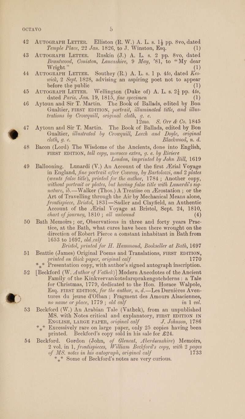 42 43 44 45 46 47 48 49 50 51 52 D3 54 AUTOGRAPH LETTER. Elliston (R. W.) A. L. s. 14 pp. 8vo, dated Temple Place, 22 Jan. 1826, to J. Winston, Esq. (1) AUTOGRAPH LETTER. Ruskin (J.) A. L. s. 2 pp. 8vo, dated Braniwood, Coniston, Lancashire, 9 May, ’81, to “My dear Wright ” (1) AUTOGRAPH LETTER. Southey (R.) A. L. s. 1 p. 4t0, dated Kes- wick, 2 Sept. 1828, advising an aspiring poet not to appear before the public (1) AUTOGRAPH LETTER. Wellington (Duke of) A. L. s. 24 pp. 4io, dated Paris, Jan. 19, 1815, fine specumen 1 Aytoun and Sir T. Martin. The Book of Ballads, edited by Bon Gualtier, FIRST EDITION, yortrait, illuminated tutle, and allus- trations by Crowquill, original cloth, g. e@. 12mo. 8S. Orr &amp; Co. 1845 Aytoun and Sir T. Martin. The Book of Ballads, edited by Bon Gualtier, dlustrated by Crowquill, Leech and Doyle, original cloth, g. @. Blackwood, n. d. Bacon (Lord) The Wisdome of the Ancients, done into English, FIRST EDITION, tall copy, morocco extra, g. e. by Riviere London, imprinted by John Bill, 1619 Ballooning. Lunardi (V.) An Account of the first Atrial Voyage in England, fine portrait after Cosway, by Bartolozz, and 2 plates (wants false title), printed for the author, 1784 ; Another copy, without portrait or plates, but having false title with Lunardi’s sig- nature, b.—Walker (Thos.) A Treatise on Afrostation ; or the Art of Travelling through the Air by Mechanical Means alone, frontisprece, Bristol, 1831—Sadler and Clayfield, an Authentic Account of the Atrial Voyage at Bristol, Sept. 24, 1810, chart of gourney, 1810; all unbound (4) Bath Memoirs; or, Observations in three and forty years Prac- tice, at the Bath, what cures have been there wrought on the direction of Robert Pierce a constant inhabitant in Bath from 1653 to 1697, old calf Bristol, printed for H. Hammond, Bookseller at Bath, 1697 Beattie (James) Original Poems and Translations, FIRST EDITION, printed on thick paper, original calf wane) *,* Presentation copy, with author’s signed autograph inscription. [Beckford (W. Author of Vathek)| Modern Anecdotes of the Ancient Family of the Kinkvervankotsdarsprakengotchderns: a Tale for Christmas, 1779, dedicated to the Hon. Horace Walpole, Esq. FIRST EDITION, for the author, n. d.—Les Dernieres Aven- tures du jeune d’Olban ; Fragment des Amours Alsaciennes, no name or place, 1779 ; old calf wm 1 vol. Beckford (W.) An Arabian Tale (Vathek), from an unpublished MS. with Notes critical and explanatory, FIRST EDITION IN ENGLISH, LARGE PAPER, original calf J. Johnson, 1786 * * Excessively rare on large paper, only 25 copies having been printed. Beckford’s copy sold in his sale for £24. Beckford. Gordon (John, of Gilencat, Aberdeenshire) Memoirs, 2 vol. in 1, frontispieces, William Beckford’s copy, with 2 pages of MS. notes in his autograph, original calf 1733 *,* Some of Beckford’s notes are very curious.