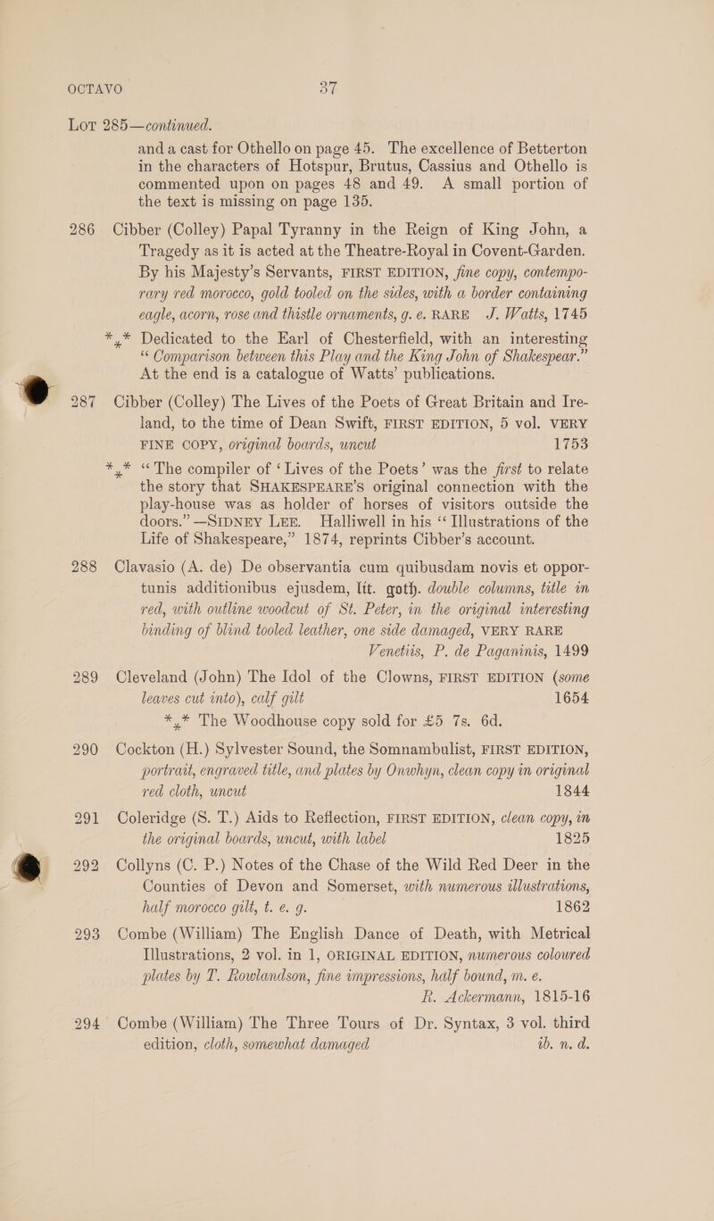 286 288 289 and a cast for Othello on page 45. The excellence of Betterton in the characters of Hotspur, Brutus, Cassius and Othello is commented upon on pages 48 and 49. A small portion of the text is missing on page 135. Cibber (Colley) Papal Tyranny in the Reign of King John, a Tragedy as it is acted at the Theatre-Royal in Covent-Garden. By his Majesty’s Servants, FIRST EDITION, fine copy, contempo- rary red morocco, gold tooled on the sides, with a border containing eagle, acorn, rose and thistle ornaments, g.@. RARE J. Watts, 1745 * * Dedicated to the Earl of Chesterfield, with an interesting “ Comparison between this Play and the King John of Shakespear.” At the end is a catalogue of Watts’ publications. Cibber (Colley) The Lives of the Poets of Great Britain and Ire- land, to the time of Dean Swift, FIRST EDITION, 5 vol. VERY FINE COPY, original boards, wneut 1753 * * «The compiler of ‘ Lives of the Poets’ was the first to relate the story that SHAKESPEARE’S original connection with the play-house was as holder of horses of visitors outside the doors.” —SIDNEY LEE. Halliwell in his ‘“ Illustrations of the Life of Shakespeare,” 1874, reprints Cibber’s account. Clavasio (A. de) De observantia cum quibusdam novis et oppor- tunis additionibus ejusdem, ltt. goth. double columns, title um red, with outline woodcut of St. Peter, in the original interesting binding of blind tooled leather, one side damaged, VERY RARE Venetuis, P. de Paganinis, 1499 Cleveland (John) The Idol of the Clowns, FIRST EDITION (some leaves cut into), calf gilt 1654 *,* The Woodhouse copy sold for £5 7s, 6d. Cockton (H.) Sylvester Sound, the Somnambulist, FIRST EDITION, portrait, engraved title, and plates by Onwhyn, clean copy in original red cloth, uncut 1844 Coleridge (S. T.) Aids to Reflection, FIRST EDITION, clean copy, in the original boards, uncut, with label 1825 Collyns (C. P.) Notes of the Chase of the Wild Red Deer in the Counties of Devon and Somerset, with numerous illustrations, half morocco gilt, t. @ 9g. 1862 Combe (William) The English Dance of Death, with Metrical Illustrations, 2 vol. in 1, ORIGINAL EDITION, numerous coloured plates by T. Rowlandson, fine wmpressions, half bound, m. e. Rh. Ackermann, 1815-16 edition, cloth, somewhat damaged ob, n. d.