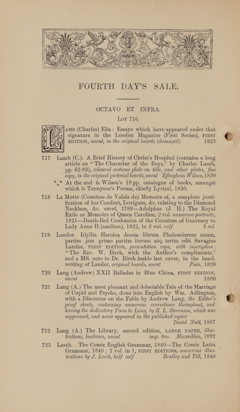     FOURTH DAS Sahin, OCTAVO ET INFRA.    Lot 716. Svy )y\f|AMB (Charles) Elia: Essays which have appeared under that C Ay| signature in the London Magazine (First Series), FIRST : ce EDITION, uncut, im the original boards (damaged) 1823  wt) is) C) 717 Lamb (C.). A Brief History of Christ’s Hospital (contains a long article on “ The Character of the Boys,” by Charles Lamb, pp. 62-83), coloured costume plate on title, and other plates, fine copy, in the original pictorial boards,uncut Effingham Wilson, 1830 *,* At the end is Wilson’s 18 pp. catalogue of books, amongst which is Tennyson’s Poems, chiefly Lyrical, 1830. 718 La Motte (Countess de Valois de) Memoirs of, a complete justi- fication of her Conduct, Intrigues, &amp;c. relating to the Diamond Necklace, &amp;c. uncut, 1789—Adolphus (J. H.) The Royal Exile or Memoirs of Queen Caroline, 2 vol. numerous portraits, 1821—Death-Bed Confession of the Countess of Guernsey to Lady Anne H.(amilton), 1822, in 2 vol. calf 3 vol. 719 lLandor. Idyllia Heroica decem librum Phaleuciorum unum, partim jam primo partim iterum atq. tertio edit Savagius Landor, FIRST EDITION, presentation copy, with inscription : “The Rev. W. Birch, with the Author’s compliments,” and a MS. note to Dr. Birch inside last cover, in the hand- writing of Landor, original boards, uncut Pisis, 1820 720 Lang (Andrew) XXII Ballades in Blue China, FIRST EDITION, uncut 1880 721 Lang (A.) The most pleasant and delectable Tale of the Marriage of Cupid and Psyche, done into English by Wm. Adlington, with a Discourse on the Fable by Andrew Lang, the Editor’s proof sheets, containing numerous corrections throughout, and having the dedicatory Poem to Lang, by R. L. Stevenson, which was suppressed, and never appeared in the published copies David Nutt, 1887 722 Lang (A.) The Library, second edition, LARGE PAPER, illus- trations, buckram, uncut amp. 8vo. Macmillan, 1892 723 Leech. The Comic English Grammar, 1840—The Comic Latin trations by J. Leech, half calf Bentley and Tilt, 1840 d