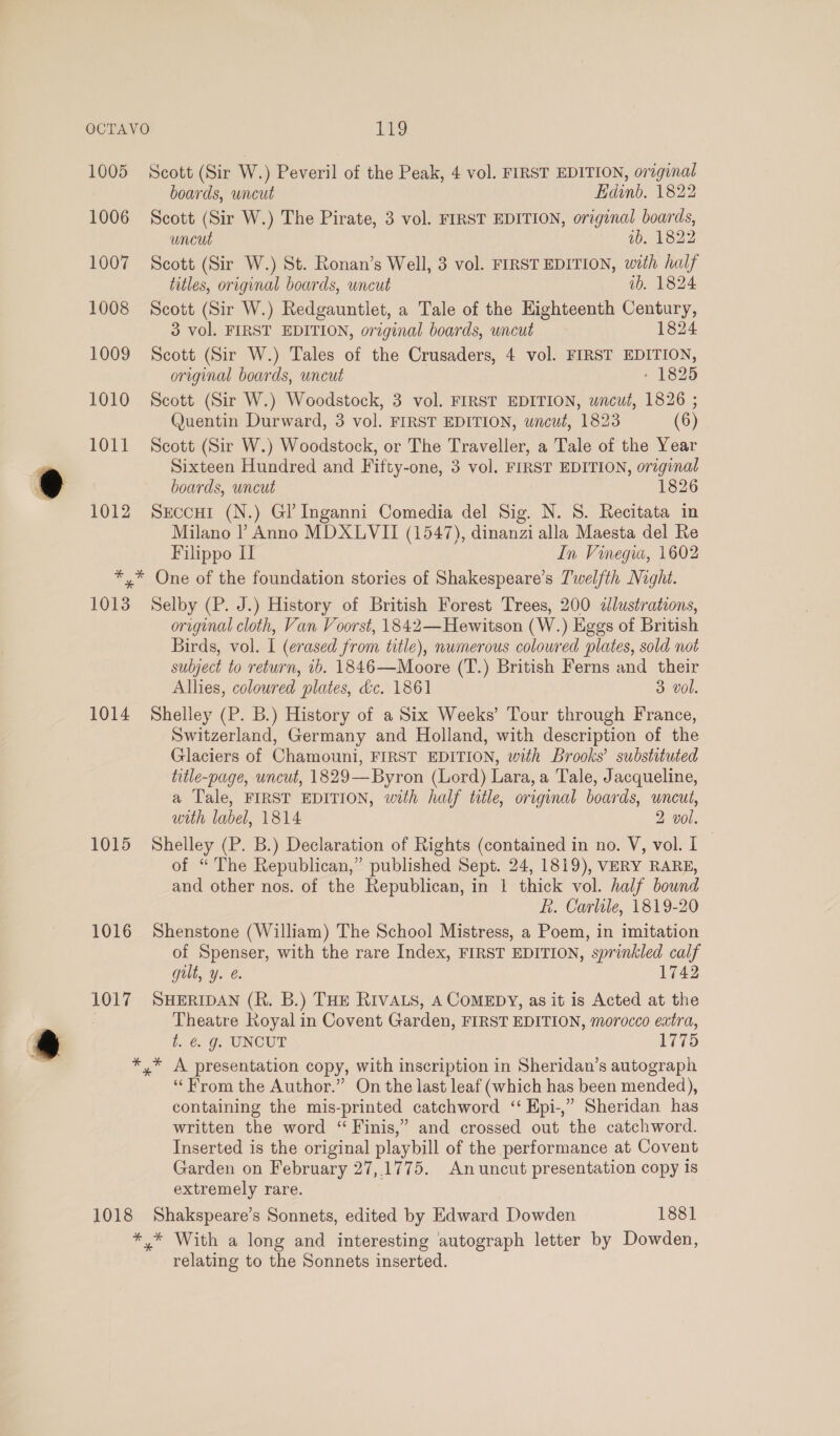 1005 Scott (Sir W.) Peveril of the Peak, 4 vol. FIRST EDITION, original boards, uncut Edinb. 1822 1006 Scott (Sir W.) The Pirate, 3 vol. FIRST EDITION, original boards, uncut 1b. 1822 1007 Scott (Sir W.) St. Ronan’s Well, 3 vol. FIRST EDITION, with half titles, original boards, uncut ib. 1824 1008 Scott (Sir W.) Redgauntlet, a Tale of the Highteenth Century, 3 vol. FIRST EDITION, original boards, uncut 1824 1009 Scott (Sir W.) Tales of the Crusaders, 4 vol. FIRST EDITION, original boards, uncut - 1825 1010 Scott (Sir W.) Woodstock, 3 vol. FIRST EDITION, wncut, 1826 ; Quentin Durward, 3 vol. FIRST EDITION, uncut, 1823 (6) 1011 Scott (Sir W.) Woodstock, or The Traveller, a Tale of the Year Sixteen Hundred and Fifty-one, 3 vol. FIRST EDITION, original boards, uncut 1826 1012 Sxccur (N.) Gl Inganni Comedia del Sig. N. S. Recitata in Milano ’ Anno MDXLVII (1547), dinanzi alla Maesta del Re Filippo II In Vinegia, 1602 *,* One of the foundation stories of Shakespeare’s Twelfth Night. 1013 Selby (P. J.) History of British Forest Trees, 200 zllustrations, original cloth, Van Voorst, 1842—Hewitson (W.) Eggs of British Birds, vol. I (erased from title), nwmerous coloured plates, sold not subject to return, 1b. 1846—Moore (T.) British Ferns and their Allies, colowred plates, dc. 1861 3 vol. 1014 Shelley (P. B.) History of a Six Weeks’ Tour through France, Switzerland, Germany and Holland, with description of the Glaciers of Chamouni, FIRST EDITION, with Brooks’ substituted title-page, uncut, 1829—Byron (Lord) Lara, a Tale, Jacqueline, a Tale, FIRST EDITION, with half title, original boards, uncut, with label, 1814 2 vol. 1015 Shelley (P. B.) Declaration of Rights (contained in no. V, vol. I of “ The Republican,” published Sept. 24, 1819), VERY RARE, and other nos. of the Republican, in 1 thick vol. half bound R. Carlile, 1819-20 1016 Shenstone (William) The School Mistress, a Poem, in imitation of Spenser, with the rare Index, FIRST EDITION, sprinkled calf gut, y. e. 1742 1017 SHERIDAN (RK. B.) THE RIVALS, A COMEDY, as it is Acted at the Theatre Royal in Covent Garden, FIRST EDITION, morocco extra, i. &amp;. g. UNCUT 1775 *,* A presentation copy, with inscription in Sheridan’s autograph “From the Author.” On the last leaf (which has been mended), containing the mis-printed catchword ‘“ Hpi-,” Sheridan has written the word “ Finis,” and crossed out the catchword. Inserted is the original playbill of the performance at Covent Garden on February 27,1775. An uncut presentation copy is extremely rare. 1018 Shakspeare’s Sonnets, edited by Edward Dowden 1881 *,* With a long and interesting autograph letter by Dowden, relating to the Sonnets inserted.