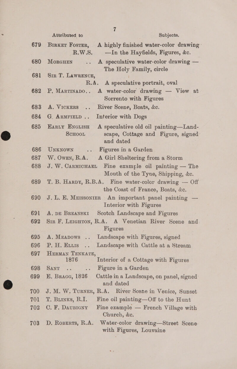  679 680 682 683 684 685 686 687 688 689 691 692 695 696 697 699 700 701 702 703 Attributed to Subjects. Brrket Foster, A highly finished water-color drawing - R.WS. —In the Hayfields, Figures, &amp;c. MorcHEN .. A speculative water-color drawing — The Holy Family, circle Sir T. LAWRENCE, 7) R.A. A speculative portrait, oval P, Martinapo.. A _ water-color drawing — View at Sorrento with Figures A. VicKERS .. River Scene, Boats, &amp;c. G. ArmFIELD .. Interior with Dogs Harty Encuisah A speculative old oil painting—Land- SCHOOL scape, Cottage and Figure, signed” and dated UNKNOWN .. Figures in a Garden W. Owen, R.A. <A Girl Sheltering from a Storm J. W. CARMICHAEL Fine example oil painting — The Mouth of the Tyne, Shipping, &amp;c. T. B. Harpy, R.B.A. Fine water-color drawing — Off the Coast of France, Boats, &amp;e. J, L. E, Metssonrer » An important panel painting —_ Interior with Figures A. DE BrEANsKI Scotch Landscape and Figures Sir F, Leranton, R.A. A Venetian River Scene and ; Figures A. Meapows .. Landscape with Figures, signed P. H. Evuis .. Landscape with Cattle at a Stream. Herman TENKATE, > 1876 Interior of a Cottage with Figures SANT «.. .. Figure in a Garden ; E. Brage, 1826 Cattle in a Landscape, on panel, signed and dated J. M. W. Turner, R.A. River Scene in Venice, Sunset T. Brings, R.I. ‘Fine oil painting—Off to the Hunt C. F. Dausieny Fine example — French Village verte Church, &amp;c. 3 D. Rozserts, R.A. Water-color drawing—Street Scene with Figures, Louvaine