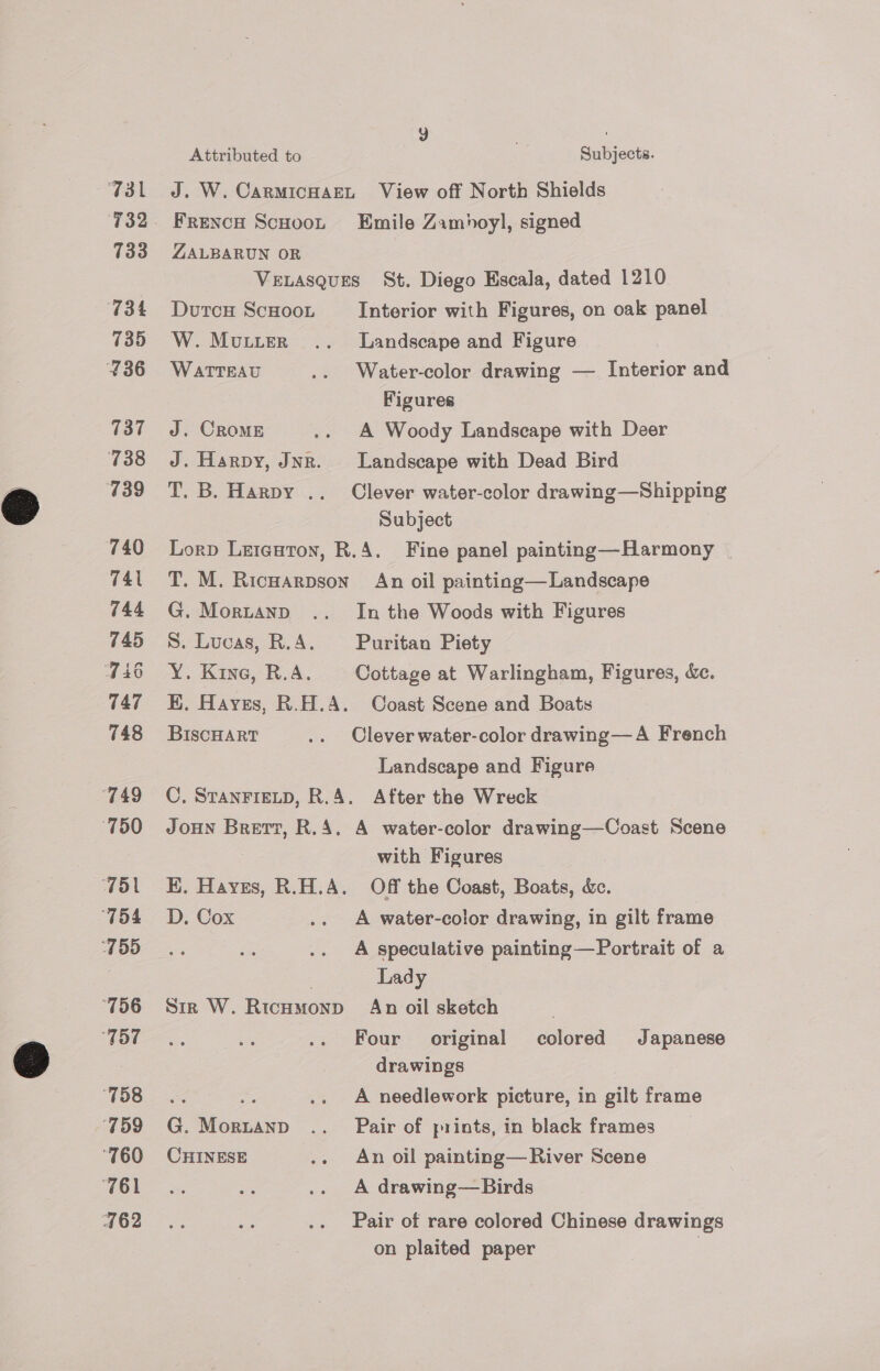 733 735 737 740 741 744 745 147 748 Attributed to Subjects. J. W. CarMIcHAEL View off North Shields FrencH Scooot Emile Zamboyl, signed ZALBARUN OR Vetasques St. Diego Escala, dated 1210 Durcy Scoot _ Interior with Figures, on oak panel W. Mutter .. Landscape and Figure WatTTEAU .. Water-color drawing — Interior and Figures J. CRoME .. A Woody Landseape with Deer J. Harpy, Jnr. Landscape with Dead Bird T. B. Harpy .. Clever water-color drawing—Shipping Subject Lorp Leieuton, R.A. Fine panel painting—Harmony T. M. Ricwarpson An oil painting— Landscape G. Mortanp .. In the Woods with Figures S. Lucas, R.A. Puritan Piety Y. Kine, R.A. Cottage at Warlingham, Figures, Xc. E. Hayes, R.H.A. Coast Scene and Boats BIsCHART .. Cleverwater-color drawing—A French Landscape and Figure C. STANFIELD, R.A. After the Wreck Joun Brett, R.4. A water-color drawing—Coast Scene with Figures EK. Hayes, R.H.A. Off the Coast, Boats, &amp;c. D. Cox .. A water-color drawing, in gilt frame A speculative painting—Portrait of a Lady Siz W. Ricumonp An oil sketch Four original colored Japanese drawings % A needlework picture, in gilt frame G. Morztanp .. Pair of prints, in black frames CHINESE .. An oil painting—River Scene A drawing—Birds Pair of rare colored Chinese drawings on plaited paper :