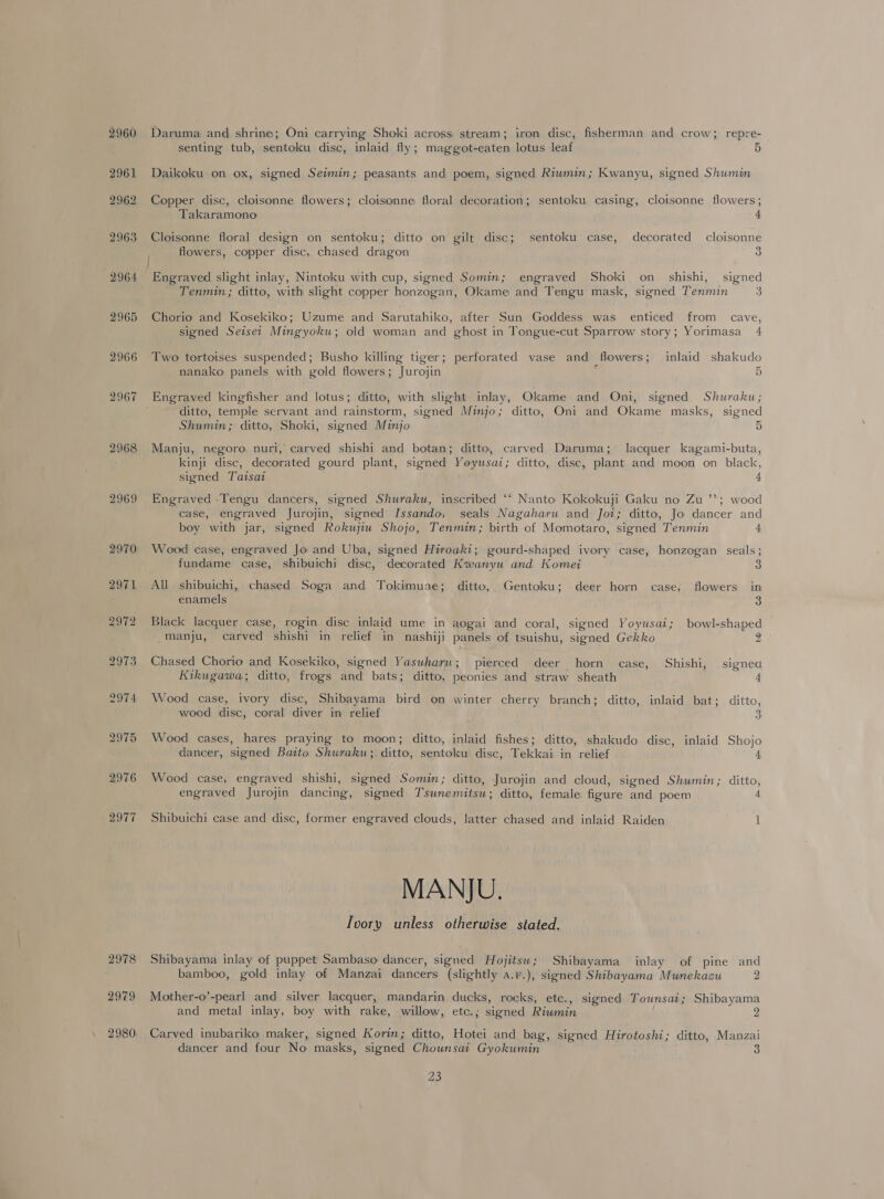 2960 Daruma and shrine; Oni carrying Shoki across stream; iron disc, fisherman and crow; repre- senting tub, sentoku disc, inlaid fly; maggot-eaten lotus leaf 5 2961 Daikoku on ox, signed Seimin; peasants and poem, signed Riwmin; Kwanyu, signed Shumin 2962 Copper disc, cloisonne flowers; cloisonne floral decoration; sentoku casing, cloisonne flowers; Takaramono 4 2963 Cloisonne floral design on sentoku; ditto on gilt disc; sentoku case, decorated cloisonne | flowers, copper disc, chased dragon 3 2964 Engraved slight inlay, Nintoku with cup, signed Somin; engraved Shoki on shishi, signed ' Tenmin; ditto, with slight copper honzogan, Okame and Tengu mask, signed Tenmin 3 2965 Chorio and Kosekiko; Uzume and Sarutahiko, after Sun Goddess was enticed from _ cave, signed Seisei Mingyoku; old woman and ghost in Tongue-cut Sparrow story; Yorimasa 4 2966 Two tortoises suspended; Busho killing tiger; perforated vase and flowers; inlaid shakudo nanako panels with gold flowers; Jurojin 5 2967 Engraved kingfisher and lotus; ditto, with slight inlay, Okame and Oni, signed Shuraku ; ditto, temple servant and rainstorm, signed Minjo; ditto, Oni and Okame masks, signed Shumin; ditto, Shoki, signed Minjo 5 2968 Manju, negoro nuri, carved shishi and botan; ditto, carved Daruma;' lacquer kagami-buta, kinji disc, decorated gourd plant, signed Yoyusai; ditto, disc, plant and moon on black, signed Taisai 4 2969 Engraved -Tengu dancers, signed Shuraku, inscribed ‘‘ Nanto Kokokuji Gaku no Zu ’’; wood case, engraved Jurojin, signed Issando, seals Nagaharu and Joi; ditto, Jo dancer and boy with jar, signed Rokwiu Shojo, Tenmin; birth of Momotaro, signed Tenmin 4 2970 Wood case, engraved Jo and Uba, signed Hiroaki; gourd-shaped ivory case, honzogan seals; fundame case, shibuichi disc, decorated Kwanyu and Komei 3 2971. All shibuichi, chased Soga and Tokimune; ditto, Gentoku; deer horn case, flowers in enamels 3 2972 Black lacquer case, rogin disc inlaid ume in aogai and coral, signed Yoyusai; bowl-shaped manju, carved shishi in relief in nashiji panels of tsuishu, signed Gekko 2 2973 Chased Chorio and Kosekiko, signed Yaswharu; pierced deer horn case, Shishi, signed Kikugawa; ditto, frogs and bats; ditto, peonies and straw sheath 4 2974 Wood case, ivory disc, Shibayama bird on winter cherry branch; ditto, inlaid bat; ditto, wood disc, coral diver in relief } 3 2975 Wood cases, hares praying to moon; ditto, inlaid fishes; ditto, shakudo disc, inlaid Shojo dancer, signed Baito Shuraku; ditto, sentoku disc, Tekkai in relief 4 2976 Wood case, engraved shishi, signed Somin; ditto, Jurojin and cloud, signed Shumin; ditto, engraved Jurojin dancing, signed Tsunemitsu; ditto, female figure and poem 4 2977 Shibuichi case and disc, former engraved clouds, latter chased and inlaid Raiden 1 MANJU. Ivory unless otherwise stated. 2978 Shibayama inlay of puppet Sambaso dancer, signed Hojitsw; Shibayama inlay of pine and bamboo, gold inlay of Manzai dancers (slightly a.r.), signed Shibayama Munekazu 2 2979 Mother-o’-pearl and silver lacquer, mandarin ducks, rocks, etc., signed Tounsai; Shibayama and metal inlay, boy with rake, willow, etc.; signed Riumin 2 2980 Carved inubariko maker, signed Korin; ditto, Hotei and bag, signed Hirotoshi; ditto, Manzai dancer and four No masks, signed Chounsai Gyokumin 3