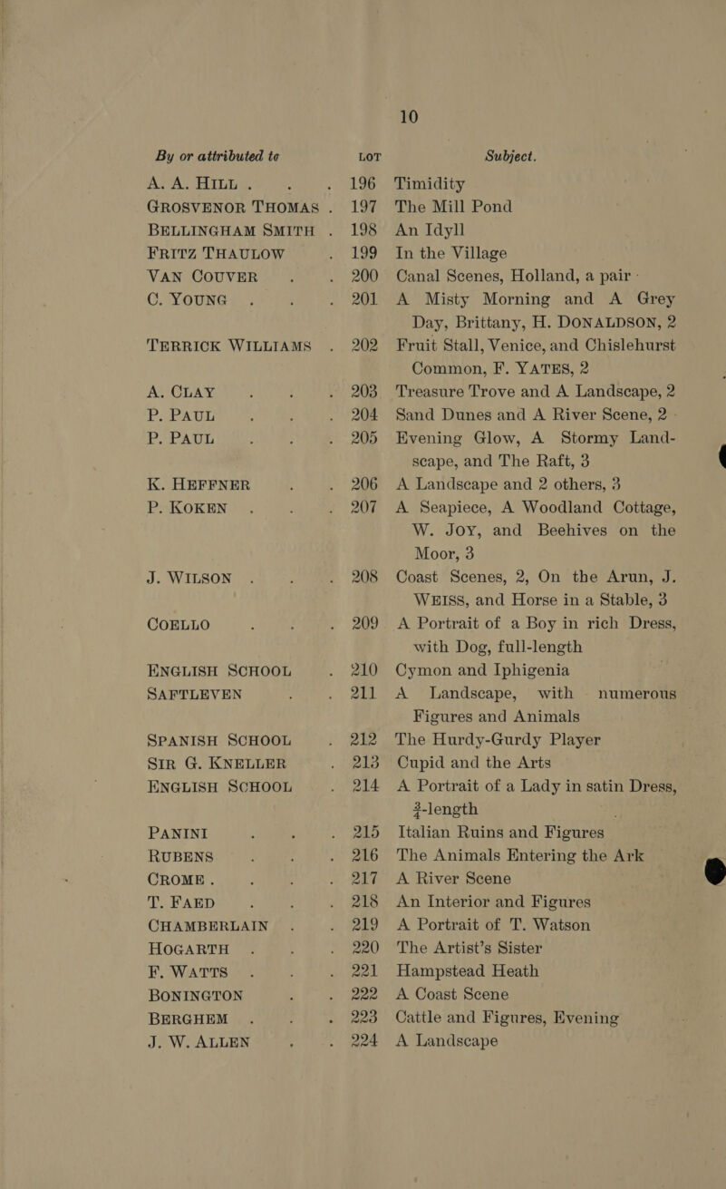 By or attributed te LOT Subject. A.A. HILL . : - 193. Dimidity GROSVENOR THOMAS . 197 The Mill Pond BELLINGHAM SMITH . 198 An Idyll  FRITZ THAULOW . 199 In the Village VAN COUVER . 200 Canal Scenes, Holland, a pair - C. YOUNG . ; . 201 A Misty Morning and A Grey Day, Brittany, H. DONALDSON, 2 TERRICK WILLIAMS . 202 Fruit Stall, Venice, and Chislehurst Common, F. YATES, 2 A. CLAY . 203. Treasure Trove and A Landscape, 2 P..PAGL 3 . 204 Sand Dunes and A River Scene, 2 P. PAUL ; : . 205 Evening Glow, A Stormy Land- scape, and The Raft, 3 ‘ K. HEFFNER . 206 A Landscape and 2 others, 3 P. KOKEN . . 207 A Seapiece, A Woodland Cottage, W. Joy, and Beehives on the Moor, 3 J. WILSON . . 208 Coast Scenes, 2, On the Arun, J. WEISS, and Horse in a Stable, 3 COELLO : : . 209 <A Portrait of a Boy in rich Dress, with Dog, full-length ENGLISH SCHOOL . 210 Cymon and Iphigenia SAFTLEVEN . 211 <A Landscape, with numerous Figures and Animals SPANISH SCHOOL . 212 The Hurdy-Gurdy Player SIR G. KNELLER . 218 Cupid and the Arts ENGLISH SCHOOL . 214 A Portrait of a Lady in satin Dregs, 3-length eas PANINI : : . 215 Italian Ruins and Figures RUBENS : . 216 The Animals Entering the Ark CROME . . 217 A River Scene T. FAED : : . 218 An Interior and Figures CHAMBERLAIN . . 219 A Portrait of T. Watson HOGARTH . . 220 The Artist’s Sister F. WATTS . . 221 Hampstead Heath BONINGTON : . 222 <A Coast Scene BERGHEM . . 223 Cattle and Figures, Evening J. W. ALLEN : . 224 A Landscape