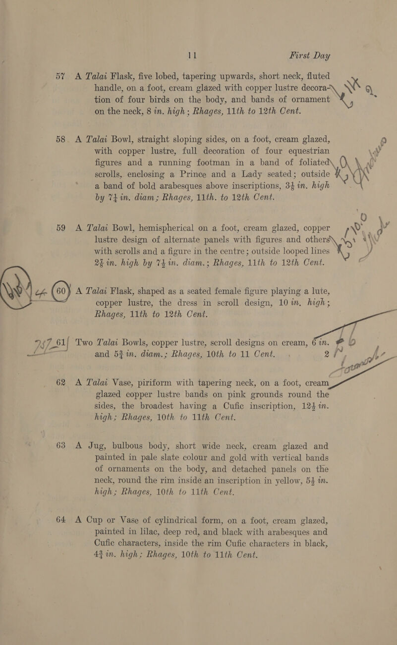  ¥ LiL First Day 57 A Tala Flask, five lobed, tapering upwards, short neck, fluted handle, on a foot, cream glazed with copper lustre Sea) Ni tion of four birds on the body, and bands of ornament on the neck, 8 in. high; Rhages, 11th to 12th Cent. ot 58. A Talat Bowl, straight sloping sides, on a foot, cream glazed, Q with copper lustre, full decoration of four equestrian ay figures and a running footman in a band of foliated, (), \ ‘th scrolls, enclosing a Prince and a Lady seated; outside : YX a band of bold arabesques above inscriptions, 34 in. high | by T+ in. diam; Rhages, 11th. to 12th Cent. * “y 59 &lt;A Talai Bowl, hemispherical on a foot, cream glazed, copper 0’ . D lustre design of alternate panels with figures and others\ \\.\ *\\V with scrolls and a figure in the centre; outside looped rae j 2g in. high by Thm. diam.; Rhages, 11th to 12th Cent. copper lustre, the dress in scroll design, 10 im. high; Rhages, 11th to 12th Cent.    and 52m. diam.; Rhages, 10th to 11 Cent. 2 62 &lt;A Talat Vase, piriform with tapering neck, on a foot, cream glazed copper lustre bands on pink grounds round the sides, the broadest having a Cufic inscription, 124m. high; Rhages, 10th to 11th Cent. 63 A Jug, bulbous body, short wide neck, cream glazed and painted in pale slate colour and gold with vertical bands of ornaments on the body, and detached panels on the neck, round the rim inside an inscription in yellow, 54 in. high; Rhages, 10th to 11th Cent. 64 &lt;A Cup or Vase of cylindrical form, on a foot, cream glazed, painted in lilac, deep red, and black with arabesques and Cufic characters, inside the rim Cufic characters in black, 43 in. high; Rhages, 10th to 11th Cent.