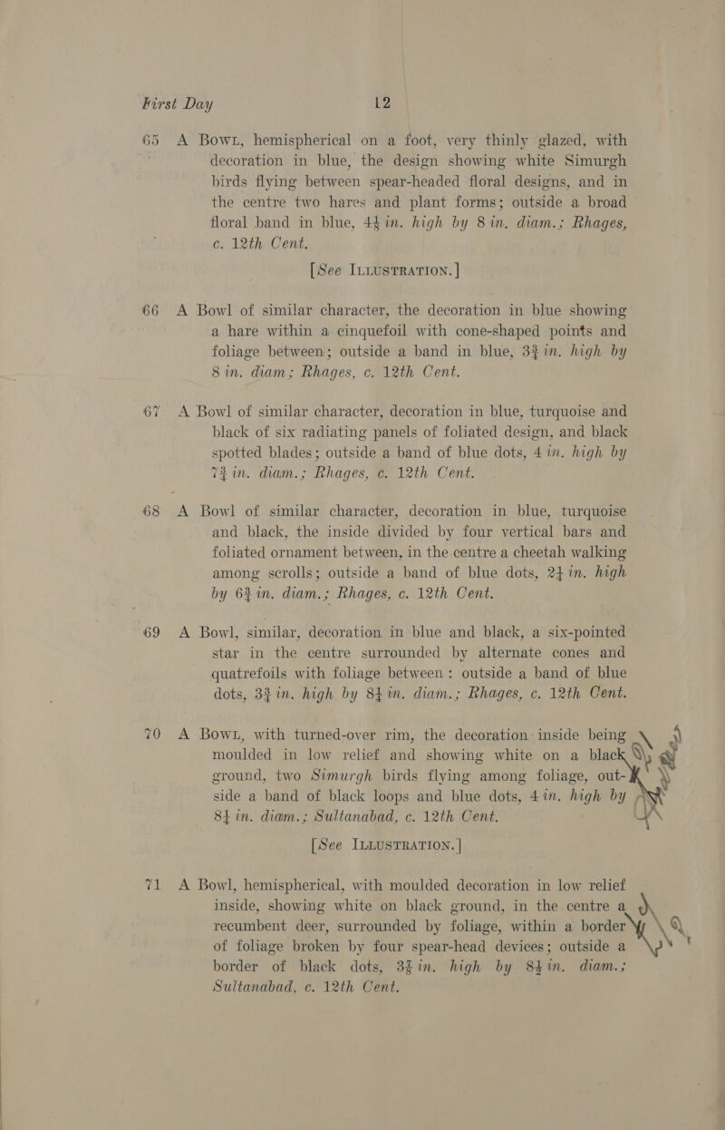 65 66 &gt; ~ 68 69 cat A Bowt, hemispherical on a foot, very thinly glazed, with decoration in blue, the design showing white Simurgh birds flying between spear-headed floral designs, and in the centre two hares and plant forms; outside a broad floral band in blue, 4in. high by 8 in. diam.; Rhages, c. 12th Cent. [See ILLUSTRATION. | A Bowl of similar character, the decoration in blue showing a hare within a cinquefoil with cone-shaped points and foliage between; outside a band in blue, 321m. high by 8in. diam; Rhages, c. 12th Cent. A Bowl of similar character, decoration in blue, turquoise and black of six radiating panels of foliated design, and black spotted blades; outside a band of blue dots, 4 in. high by 72m. diam.; Rhages, c. 12th Cent. and black, the inside divided by four vertical bars and foliated ornament between, in the centre a cheetah walking among scrolls; outside a band of blue dots, 24 in. high by 62m. diam.; Rhages, c. 12th Cent. A Bowl, similar, decoration in blue and black, a six-pointed star in the centre surrounded by alternate cones and quatrefoils with foliage between: outside a band of blue dots, 32 in. high by 8}1n. diam.; Rhages, c. 12th Cent. moulded in low relief and showing white on a blac ground, two Simurgh birds flying among foliage, out- side a band of black loops and blue dots, 4in. high by 84 in. diam.; Sultanabad, c. 12th Cent. [See ILLUSTRATION. | A Bowl, hemispherical, with moulded decoration in low relief inside, showing white on black ground, in the centre a of foliage broken by four spear-head devices; outside a border of black dots, 3£in. high by 83%n. diam.; Sultanabad, c. 12th Cent.  Vv, @ % ‘ t