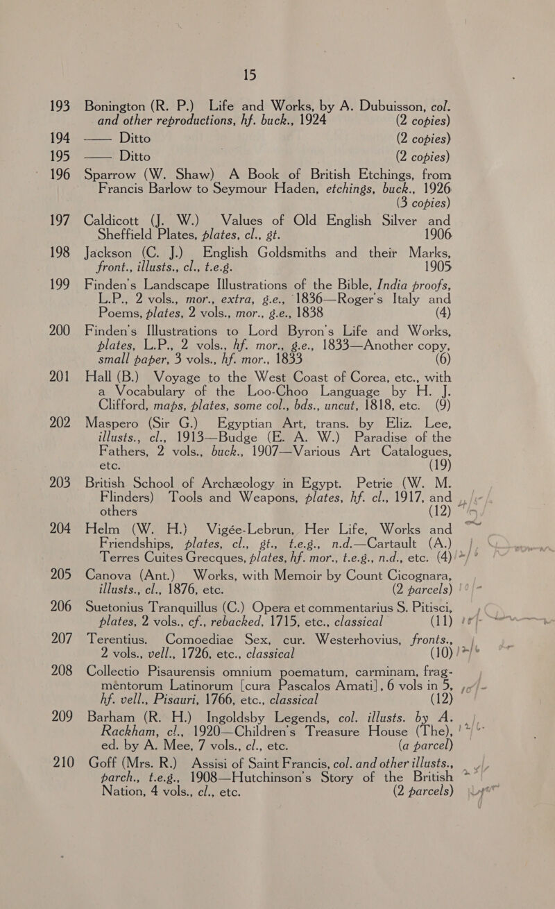 193 194 SE, arloG [97 198 199 200 201 202 203 204 205 206 207 208 209 210 15 Bonington (R. P.) Life and Works, by A. Dubuisson, col. and other reproductions, hf. buck., 1924 (2 copies) = Ditto (2 copies) at Ditto ; (2 copies) Sparrow (W. Shaw) A Book of British Etchings, from Francis Barlow to Seymour Haden, etchings, buck., 1926 3 (3 Cones) Caldicott (J. W.) Values of Old English Silver and Sheffield Plates, plates, cl., st. 1906 Jackson (C. J.) English Goldsmiths and their Marks, front., illusts., cl., t.e.g. 1905 Finden’s Landscape Illustrations of the Bible, India proofs, 2 vols., mor., extra, g.e., 1836—Roger's Italy and Poems, plates, 2 vols., mor., g.e., 1838 Finden's yeuaie tions to Lord Byron's Life and Works, plates, L.P., 2 vols., hf. mor., g.e., 1833—Another copy, small paper, 3 vols., hf. mor., 1833 (6) Hall (B.) Voyage to the West Coast of Corea, etc., with a Vocabulary of the Loo-Choo Language by H. J Clifford, maps, plates, some col., bds., uncut, 1818, etc. (9) Maspero (Sir G.) Egyptian Art, trans. by Eliz. Lee, illusts., cl., 1913—Budge (E. A. W.) Paradise of the Fathers, 2 vols., buck., 1907—Various Art ae a} etc. British School of Archzeology in Egypt. Petrie (W. others Friendships, flates, cl., gt., t.e.g., n.d.—Cartault (A.) Canova (Ant.) Works, with Memoir by Count Cicognara, Suetonius Tranquillus (C.) Opera et commentarius S. Pitisci, l plates, 2 vols., cf., rebacked, 1715, etc., classical Terentius. Comoediae Sex, cur. Westerhovius, fronts., 2 vols., vell., 1726, etc., classical ( Collectio Pisaurensis omnium poematum, carminam, frag- méntorum Latinorum [cura Pascalos Amati], 6 vols in 5, hf. vell., Pisauri, 1766, etc., classical Barham (R. H.) Ingoldsby Legends, col. illusts. by A. Rackham, c!., 1920—Children’s Treasure House (The), ' ed. by A. Mee, 7 vols., cl., ete. (a Mee Goff (Mrs. R.) Assisi of Saint Francis, col. and other illusts., Nation, 4 vols., cl., etc. (2 parcels)