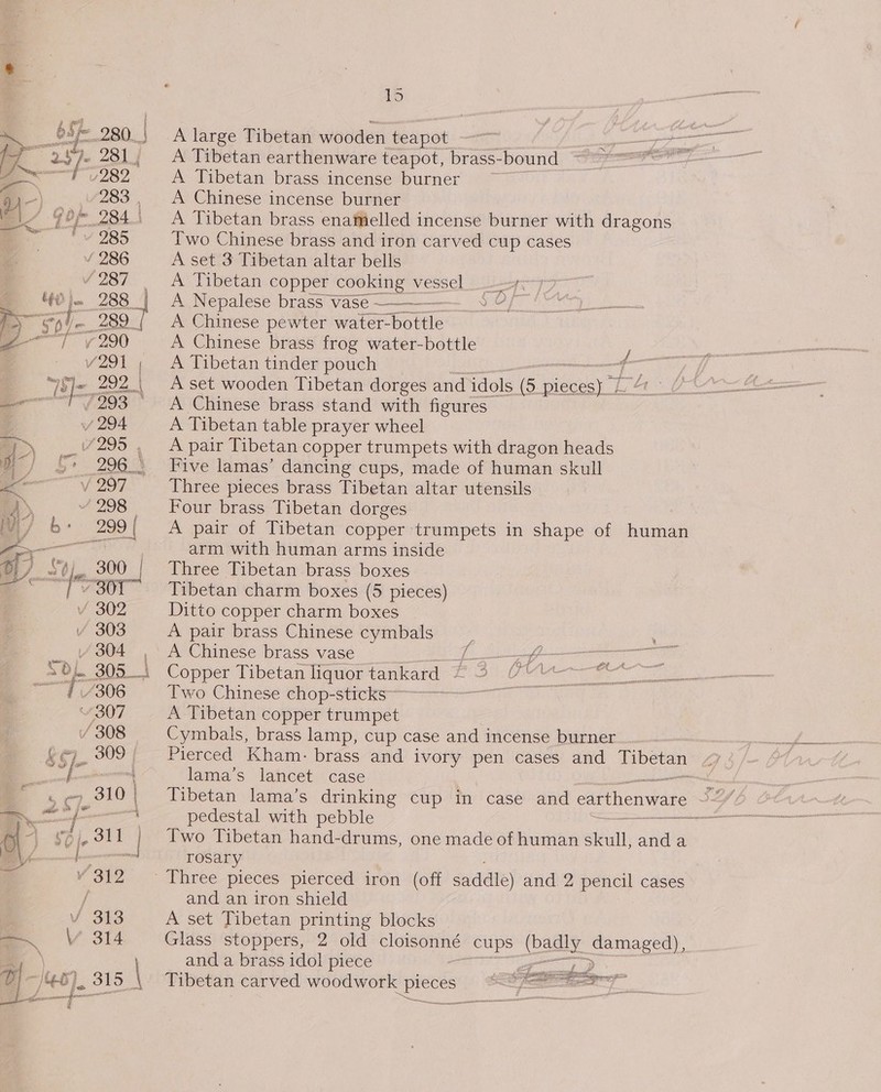 \ = oi Sk y e, a &lt; qe es + are | 3 . abe hah f 1“ : 4 i LO A large Tibetan wooden teapot A Tibetan earthenware teapot, brass- bound A Tibetan brass incense burner A Chinese incense burner A Tibetan brass enamelled incense burner with dragons Two Chinese brass and iron carved cup cases A set 3 Tibetan altar bells A Tibetan copper cooking ~ vessel ar: A Nepalese brass vase —_—-———-_ » ? A Chinese pewter water- bottle A Chinese brass frog water-bottle A Tibetan tinder pouch A set wooden Tibetan dorges and idols 1S isseer ja A Chinese brass stand with figures A Tibetan table prayer wheel A pair Tibetan copper trumpets with dragon heads Five lamas’ dancing cups, made of human skull Three pieces brass Tibetan altar utensils Four brass Tibetan dorges A pair of Tibetan copper trumpets in shape of human arm with human arms inside Three Tibetan brass boxes Tibetan charm boxes (5 pieces) Ditto copper charm boxes A pair brass Chinese cymbals A-Chinese prass vase a Copper Tibetan liquor tankard = 2 A Tibetan copper trumpet Cymbals, brass lamp, cup case and incense burner Pierced Kham- brass and ivory pen cases and a ; lama’s lancet case x pedestal with pebble Two Tibetan hand-drums, one made of aati shall, and a rosary Three pieces pierced iron (off saddle) and 2 pencil cases and an iron shield A set Tibetan printing blocks Glass stoppers, 2 old recs bceh cups badly sommagee), and a brass idol piece ew ae Tibetan carved woodwork eee sa is Se ioe 