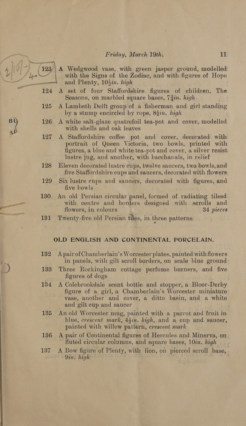  Nereceereeree ( 123/} \ ie ian a aa ce eI a 124 125 126 127 128 A Wedgwood vase, with green jasper ground, modelled with the Signs of the Zodiac, and with figures of Hope and Plenty, 103m. high A set of four Staffordshire figures of children, The Seasons, on marbled square bases, 7$in. high A Lambeth Delft group of a fisherman and girl standing by a stump encircled by rope, 84in. high A white salt-glaze quatrefoil tea-pot and cover, modelled with shells and oak leaves A Staffordshire coffee pot and cover, decorated with portrait of Queen Victoria, two bowls, printed with figures, a blue and white tea-pot and cover, a silver resist lustre jug, and another, with bacchanals, in relief Kleven decorated lustre cups, twelve saucers, two bowls, and five Staffordshire cups and saucers, decorated with flowers Six lustre cups and saucers, decorated with figures, and five bowls with centre and borders designed with scrolls and flowers, in colours | 34 pieces Twenty-five old Persian tiles, in, three patterns 136. roles in panels, with gilt scroll borders, on scale blue ground Three Rockingham cottage perfume burners, and five figures of dogs A Colebrookdale scent bottle and stopper, a Bloor- Derby figure of a girl, a Chamberlain’s Worcester miniature vase, another and cover, a ditto basin, and: a white and gilt cup and saucer 7 An old Worcester mug, painted with a parrot and fruit in’ blue, crescent mark, 43in. high,.and a cup. and saucer, painted with willow pattern, crescent mark A pair of Continental figures of Hercules and Minerva, on - fluted circular columns, and square bases, 10in. high. i Bow figure of Plenty, with lion, on pierced scroll base, Ohne high s | vr