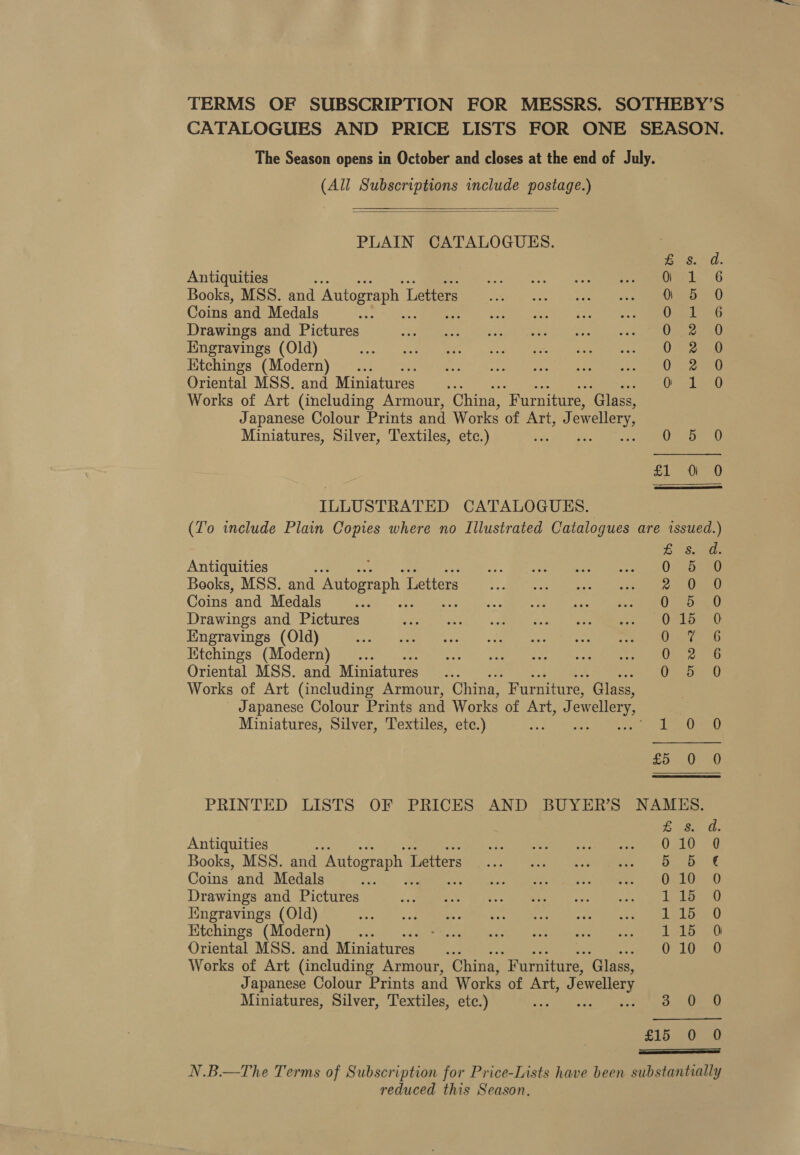 (All Subscriptions include postage.)   PLAIN CATALOGUES. Antiquities Books, MSS. and Autograph L Letters Coins and Medals Drawings and Pictures Engravings (Old) Ktchings (Modern) Oriental MSS. and Miniatures... Works of Art (including Armour, China, “Furniture, ‘Glass, Japanese Colour Prints and Works of Art, J ewellery Miniatures, Silver, Textiles, etc.) ILLUSTRATED CATALOGUES. Hawworak &amp; SCoCoOonOooe Antiquities nf Books, MSS. and Autograph I Letters Coins and Medals é Drawings and Pictures Engravings (Old) Ktchings (Modern) . Oriental MSS. and Miniatures. Works of Art (including Armour, China, Furniture, ‘Glass, Japanese Colour Prints and Works of Art, J ewellery, Miniatures, Silver, Textiles, etc.) Antiquities Books, MSS. and Autograph I Letters Coins and Medals Drawings and Pictures Iungravings (Old) Etchings (Modern) ... Oriental MSS. and Miniatures Works of Art (including Armour, China, “Furniture, ‘Glass, Japanese Colour Prints and Works of Art, J ewellery Miniatures, Silver, Textiles, etc.) 5 oe 0 10 5 6 0 10 Vas 1 15 1-15 0 10 3. 0 SaAaRDOCOCOOe ooocoooao®f 0 reduced this Season.