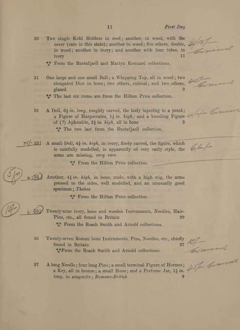 50 Two single Kohl Holders in reed; another, in wood, with the in wood; another in ivory; and another with four tubes, in ivory Lt ** From the Rustafjaell and Martyn Kennard collections. elongated Dice in bone; two others, cubical; and two. others, glazed 9 ** The last six items are from the Hilton Price collection. 52 A Doll, 64m. long, roughly carved, the body tapering to a point; a Figure of Harpocrates, 14 in. high; and a kneeling Figure =~ of (?) Aphrodite, 24 in. high, all in bone 3 ** The two last from the Rustafjaell collection. arms are missing, very rare ** From the Hilton Price collection. ee A &gt; | peer : 3/2, / 4 G4 a) Another, 44 i. high, in bone, nude, with a aah wig, the arms y, pressed to the sides, well modelled, and an unusually good © specimen ; T’hebes , |  *: From the Hilton Price collection. (iy Pe Twenty-nine ivory, bone and wooden Instruments, Needles, Hair- Pins, ete., all found in Britain 29 ** From the Roach Smith and Arnold collections. found in Britain oy (OS **From the Roach Smith and Arnold collections. Pe 57 =A long Needle; four long Pins; a small terminal Figure of Hermes; 4 »~7_ a Key, all in bronze; a small Hone; and a Perfume Jar, 1fin. 7” long, in aragonite; Romano-British 9