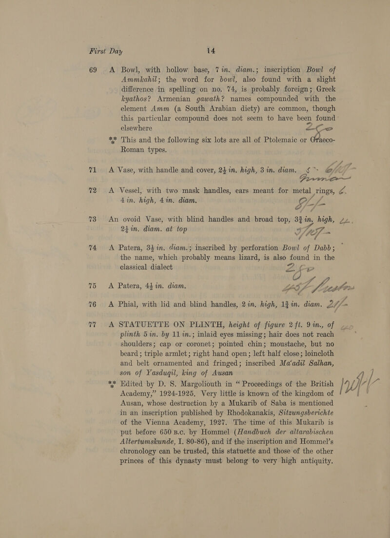 69 71 T2 73 74. 75 76 a Ammkahil; the word for bowl, also found with a slight difference in spelling on no, 74, is probably foreign; Greek kyathos? Armenian gawath? names compounded with the element Amm (a South Arabian diety) are common, though this particular compound does not seem to have been found elsewhere Co ** This and the following six lots are all of Ptolemaic or Graeco- Roman types. - A Vase, with handle and cover, 24 im. high, 3in. diam. § &gt; e Vi A Vessel, with two mask handles, ears meant for metal Tings, ral 4in. high, 4m. diam, ) GL /_. An ovoid Vase, with blind handles and broad top, 3%in. high, sz 24%. diam. at top 9 A Fr. A Patera, 341m. diam.; inscribed by perforation Bowl of Dabb; the name, which probably means lizard, is also found in the classical dialect Zice x : ao) Me a a A Patera, 44 1m. diam. LPO fo Sf) Lgl Pans A Phial, with lid and blind handles, 2in, high, 1} in. diam. 2/7 A STATUETTE ON PLINTH, height of figure 2 ft. 9m., of plinth 5%. by 11 %n.; inlaid eyes missing; hair does not reach shoulders; cap or coronet; pointed chin; moustache, but no beard ; triple armlet; right hand open; left half close; loincloth and belt ornamented and fringed; inscribed Ma‘adil Salhan, son of Yasduqil, king of Ausan Academy,” 1924-1925, Very little is known of the kingdom of Ausan, whose destruction by a Mukarib of Saba is mentioned in an inscription published by Rhodokanakis, Sitzwngsberichte of the Vienna Academy, 1927. The time of this Mukarib is put before 650 8B.c. by Hommel (Handbuch der altarabischen Altertumskunde, I. 80-86), and if the inscription and Hommel’s chronology can be trusted, this statuette and those of the other princes of this dynasty must belong to very high antiquity.