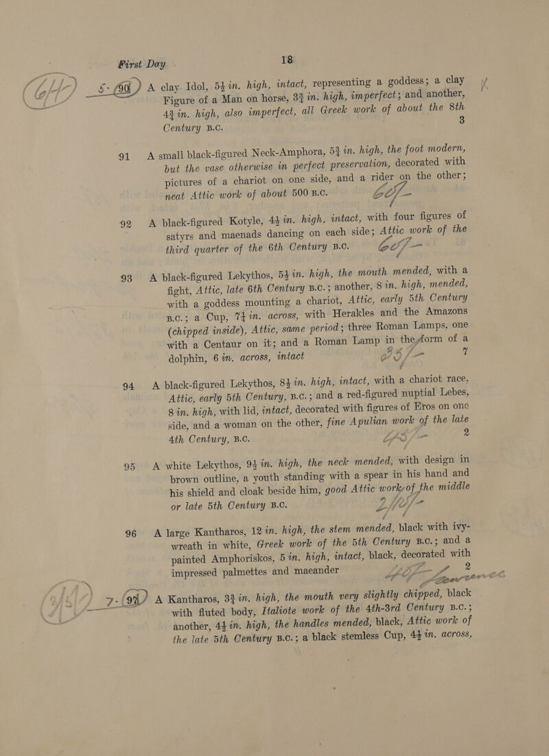 = oN S60 dt) A clay. Idol, 54 in. high, intact, representing a goddess; a clay ny Figure of a Man on horse, 33 in. high, imperfect; and another, 43 in. high, also imperfect, all Greek work of about the 8th Century B.C. 3 91 A small black-figured Neck-Amphora, 53 im. high, the foot modern, but the vase otherwise in perfect preservation, decorated with pictures of a chariot on one side, and a rider on the other ; neat Attic work of about 500 B.c. CY, fii 92 A black-figured Kotyle, 44 in. high, intact, with four figures of satyrs and maenads dancing on each side; Attic work of the third quarter of the 6th Century B.C. wpe ) ¢ 93 A black-figured Lekythos, 54 in. high, the mouth mended, with a fight, Attic, late 6th Century B.C. ; another, 8 in. high, mended, with a goddess mounting a chariot, Attic, early 5th Century B.c.; a Cup, 74m. across, with Herakles and the Amazons (chipped inside), Attic, same period; three Roman Lamps, one with a Centaur on it; and a Roman Lamp in the form of a dolphin, 6 wm. across, intact Re) ee  I 4 94 A black-figured Lekythos, 83 in. high, intact, with a chariot race, Attic, early 5th Century, B.c.; and a red-figured nuptial Lebes, 8 in. high, with lid, intact, decorated with figures of Eros on one side, and a woman on the other, fine Apulian work of the late Ath Century, B.C. Lp fm 2 95 A white Lekythos, 93 in. high, the neck mended, with design in brown outline, a youth standing with a spear in his hand and his shield and cloak beside him, good Attic workrof the middle or late 5th Century B.C. | 2 tes ff» 96 A large Kantharos, 12 in. high, the stem mended, black with ivy- wreath in white, Greek work of the 5th Century B.C. ; and a painted Amphoriskos, 5 in. high, intact, black, decorated with impressed palmettes and maeander ae ff ~~) Bh a Bogart 7 (9 A Kantharos, 33 in. high, the mouth very slightly chipped, black Sey with fluted body, Italiote work of the 4th-3rd Century B.C. ; another, 44 in. high, the handles mended, black, Attic work of the late bth Century B.c.; a black stemless Cup, 44 in. across,