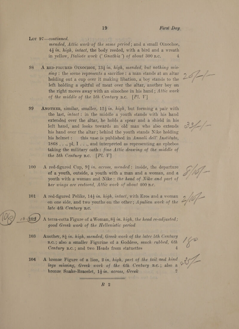 Lor 97—continued., ) mended, Attic work of the same period; and a small Oinochoe, 4t in. high, intact, the body reeded, with a bird and a wreath in yellow, [taliote work (‘ Gnathia’) of about 300 B.c. 4 98 A RED-FIGURED OINOCHOE, 134 in. high, mended, but nothing mis- sing : the scene represents a sacrifice : a man stands at an altar holding out a cup over it making libation, a boy stands to the left holding a spitful of meat over the altar, another boy on the right moves away with an oinochoe in his hand; Attic work of the middle of the 5th Century B.c. [Pl. V| 99 ANOTHER, similar, smaller, 124%. high, but forming a pair with the last, intact: in the middle a youth stands with his hand extended over the altar, he holds a spear and a shield in his left hand, and looks towards an old man who also extends his hand over the altar; behind the youth stands Nike holding his helmet: this vase is published in Annali dell’ Instituto, 1868 ..., pl. I. .., and interpreted as representing an ephebos taking the military oath: fine Attic drawing of the middle of the 5th Century B.c. [Pl. V] 100 =A red-figured Cup, 937. across, mended: inside, the departure of a youth, outside, a youth with a man and a woman, and a youth with a woman and Nike: the head of Nike and part of her wings are restored, Attic work of about 400 B.c. 101. =A red-figured Pelike, 143 in. high, intact, with Eros and a woman on one side, and two youths on the other; Apulian work of the late 4th Century B.C. A terra-cotta Figure of a Woman, 84 in. high, the head re-adjusted ; good Greek work of the Hellenistic period  103 Another, Si in. high, mended, Greek work of the later 5th Century B.C.; also a smaller Figurine of a Goddess, much rubbed, 6th Century B.c.; and two. Heads from statuettes # 104 &lt;A bronze Figure of a lion, 2in. high, part of the tail and hind legs missing, Greek work of the 6th Century B.c.; also a bronze Snake-Bracelet, 14 im. across, Greek ®  Naw. 4 é &lt;q a yA)