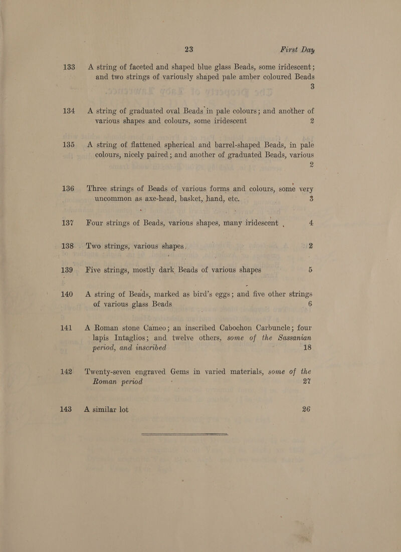 133 134 135 136 137 - 138 139 140 141 142 143 23 First Day A string of faceted and shaped blue glass Beads, some iridescent ; and two strings of variously shaped pale amber coloured Beads 3 A string of graduated oval Beads in pale colours; and another of various shapes and colours, some iridescent 2 A string of flattened spherical and barrel-shaped Beads, in pale colours, nicely paired; and another of graduated Beads, various 2 , ’ Three strings of Beads of various forms and colours, some very uncommon as axe-head, basket, hand, etc. — ; et: Four strings of Beads, various shapes, EAS iridescent : 4: Two strings, various shapes. | 4 2 Five strings, mostly dark Beads of various shapes | 5 cr A string of Beads, marked as bird’s eggs; and five other strings of various glass Beads 6 A Roman stone Cameo; an inscribed Cabochon Carbuncle; four lapis Intaglios; and twelve others, some of the Sassanian period, and wmscribed 18 Twenty-seven engraved Gems in varied materials, some of the Roman period 27 A similar lot 26