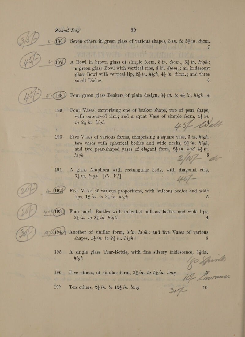 7 , a ye , rs . . . . 4/J [A 6° ds6) Seven others in green glass of various shapes, 3 im. to 541m. diam. fe ‘ | ? a _ j a 4 - if i a | ; 4 ae ; : : . E : Yi : dex) A Bowl in brown glass of simple form, 5in. diam., 341m. high; a green glass Bowl with vertical ribs, 4 in. diam. ; an iridescent glass Bow] with vertical lip, 2$ im. high, 44 in. diam. ; and three small Dishes 6 Aye ng 5188 ) Four green glass Beakers of plain design, 34 1m. to 441m. high 4 189 Four Vases, comprising one of beaker shape, two of pear shape, with outeurved rim; and a squat Vase of simple form, 44 in. ys oe) . fr pt to 24in. high “gf 4 ~ Le hin 190 _ Five Vases of various forms, comprising a square vase, 3 in. high, two vases with spherical bodies and wide necks, 24 in. hagh, and two pear-shaped yases of elegant form, 241m. and 43 1m. high #} . rb 5 aif &lt;7 d “d ae 191 A glass Amphora with rectangular pay with cena ribs, 64m. high a VI] eG gat s £ o 4 4937 Five Vases of various proportions, with bulbous bodies and wide lips, 13 in. to 341m. high 5 byt (193) Four small Bottles with indented bulbous bodies and wide lips, 24 in. to 22m. high 4 an 2, 4 } As (94 ‘) Another of similar form, 3%. high; and five Vases of various rf | shapes, 14 m. to 23 in. high 6 195 A single glass Tear-Bottle, with fine silvery iridescence, Gots In. high A &gt; U 196 Five others, of similar form, 32%in. to 54 in. long Ly x | for i A tet CWE 19% Ten others, 23 in. to 124 in. long Ft ) 10