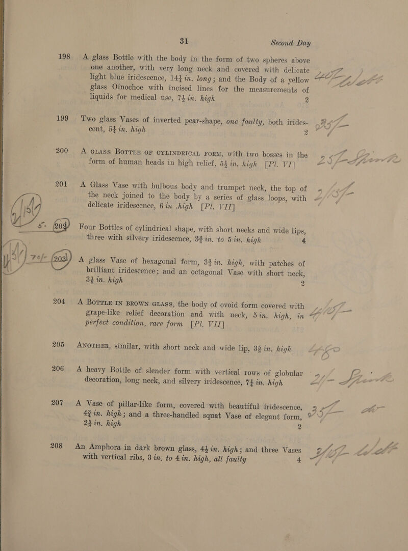  198 a4g) 200 201 204 205 206 207 208 31 Second Day A glass Bottle with the body in the form of two spheres above one another, with very long neck and covered with delicate light blue iridescence, 144 in. long; and the Body of a yellow glass Oinochoe with incised lines for the measurements of liquids for medical use, 7} in. high , 2 Two glass Vases of inverted pear-shape, one faulty, both irides- cent, 54.1. high 2 A GLASS BOTTLE OF CYLINDRICAL FORM, with two bosses in the form of human heads in high relief, 55 in. high [Pl. VI] A Glass Vase with bulbous body and trumpet neck, the top of the neck joined to the body by a series of glass loops, with delicate iridescence, 6 in .high [Pl. VIT] Four Bottles of cylindrical shape, with short necks and wide lips, three with silvery iridescence, 33 in. to 5 in. high 4. A glass Vase of hexagonal form, 3$%in. high, with patches of brilliant iridescence; and an octagonal Vase with short neck, 34m. high 2 A Borrie IN BROWN GLass, the body of ovoid form covered with grape-like relief decoration and with neck, 5in. high, in perfect condition, rare form [Pl. V IT] ANOTHER, similar, with short neck and wide lip, 33 in. high A heavy Bottle of slender form with vertical rows of globular decoration, long neck, and silvery iridescence, 74 in. high A Vase of pillar-like form, covered with beautiful iridescence, 43 in. high; and a three-handled squat Vase of elegant form, 28 1n. high 2 An Amphora in dark brown glass, 44 im. high; and three Vases with vertical ribs, 3 in. to 4 in. high, all faulty a y r J i * —_ » , ; aw Pt ~~ gp yA i ond ead 6 4 _— LP” foe ao ear j ré 4 a ow”, , -” J &gt;