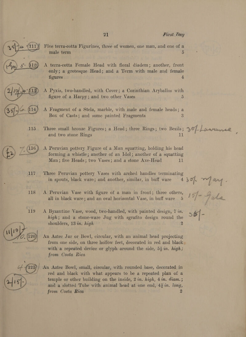 ( aa (111) ce, | a / ™   8 “119  21 First Day Five terra-cotta Figurines, three of women, one man, and one of a male term 5 A terra-cotta Female Head with floral diadem; another, front only; a grotesque Head; and a ‘erm with male and female figures . 4 A Pyxis, two-handled, with Cover; a Corinthian Aryballos with figure of a Harpy; and two uaa Vases 5 A Fragment of a Stela, marble, with male and female heads; a Box of Casts; and some painted Fragments 3 and two stone Rings 11 A Peruvian pottery Figure of a Man squatting, holding his head forming a whistle; another of an Idol; another of a squatting Man; five Heads; two Vases;.and a stone Axe-Head LI} Three Peruvian pottery Vases with arched handles terminating A Peruvian Vase with figure of a man in front; three others, all in black ware; and an oval horizontal Vase, in buff ware 5 A Byzantine Vase, wood, two-handled, with painted design, 7 in. high; and a stone-ware Jug with sgrafito design round the shoulders, 13 in. high | 2 An Aztec Jar or Bowl, circular, with an animal head projecting from one side, on three hollow feet, decorated in red and black with a repeated device or glyph around the side, 541m. high; from Costa Rica An Aztee Bowl, small, circular, with rounded base, decorated in red and black with what appears to be a repeated plan of a temple or other building on the inside, 2 in. high, 4in. diam. ; and a slotted Tube with animal head at one end, 4} %n. long, from Costa Bica~ P°* 2 P,