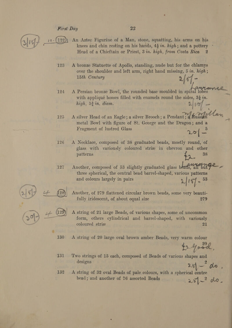 Yat SP , © L 4} 2 — = 123 124 126 ere © i 130 131 132 knees and chin resting on his hands, 44 in. high; and a pottery Head of a Chieftain or Priest, 3 in. high, from Costa Rica 2 A bronze Statuette of Apollo, standing, nude but for the chlamys over the shoulder and left arm, right hand missing, 5 in. high; 15th Century ut] - with appliqué bosses filled with enamels round the sides, 34 tn. high, 52m. diam. | UpveT — j h &amp; FA ‘ eg eae A silver Head of an Eagle; a silver Brooch; a Pendant | Russian metal Bowl with figure of St. George and the Dragon; and a Fragment of lustred Gl 5 ragment of lustre ass ie bi, A Necklace, composed of 38 graduated beads, mostly round, of glass with variously coloured striz in chevron and_ other patterns oe 38 Another, composed of 53 slightly graduated glass Nn eA tty ae a three spherical, the central bead barrel-shaped, various patterns and colours largely in pairs y j *] . 08 Another, of 279 flattened circular brown beads, some very beauti- fully iridescent, of about equal size | avg A string of 21 large Beads, of various shapes, some of uncommon form, others cylindrical and. barrel-shaped, with variously coloured strize 21 A string of 20 large oval brown amber Beads, bates eh colour +o. Yook, Two strings of 15 each, composed of Beads of various shapes and designs 2s ie ole . A string of 32 oval Beads of pale colours, with a spherical centre bead; and another of 76 assorted Beads 4 s1—* oo | oe _—_—