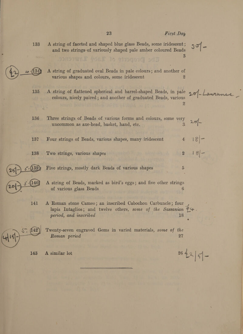 133 A string of faceted and shaped blue glass Beads, some iridescent ; &gt; oe and two strings-of variously shaped pale amber coloured Beads Wola oe 3 (4p Lb 134) A string of graduated oval Beads in pale colours; and another of various shapes and colours, some iridescent 2 P 135 .A string of flattened spherical and barrel-shaped Beads, in pale ef | y 1 Oe ee colours, nicely paired ; and another of graduated Beads, various e : z 136 Three strings of Beads of various forms and colours, some very 7: uncommon as axe-head, basket, hand, etc. 3 of- 13% Four strings of Beads, various shapes, many iridescent 4 18 Ge 138 Two strings, various shapes 2 of Five strings, mostly dark Beads of various shapes 5  iv 140) A string of Beads, marked as bird’s eggs; and five other strings 20 “k of various glass Beads 6 141 A Roman stone Cameo; an inscribed Cabochon Carbuncle; four , lapis Intaglios; and twelve others, some of the Sassanian #S¢. period, and inscribed 18 * Twenty-seven engraved Gems in varied materials, some of the Roman period 27  143 A similar lot 26 49 | e |&lt;
