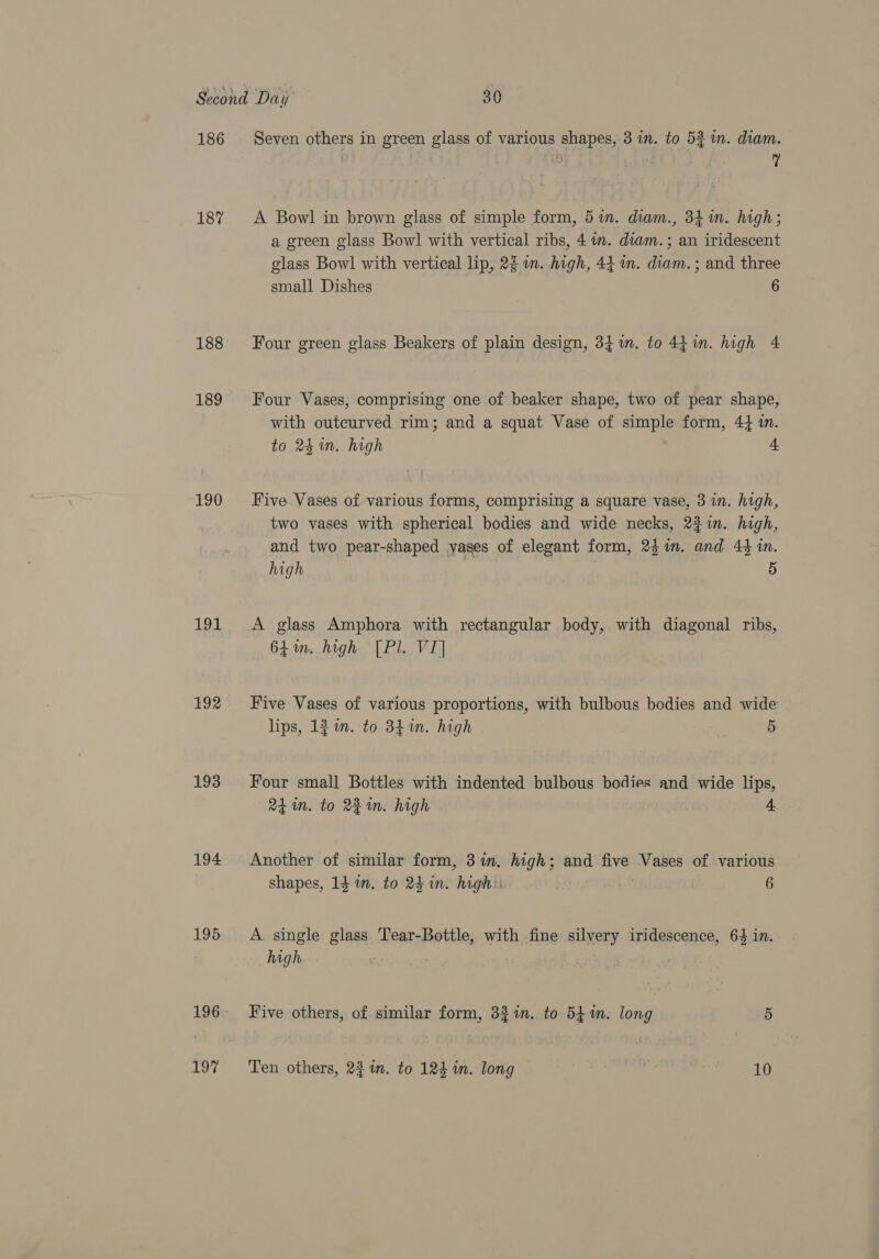 187 188 189 190 191 £92 193 194 195 197 | Ni  A Bowl in brown glass of simple form, 5 in. diam., 34m. high; a green glass Bowl with vertical ribs, 4 im. diam.; an iridescent glass Bowl with vertical lip, 2 im. high, 44 im. diam. ; and three small Dishes 6 Four green glass Beakers of plain design, 341m. to 44m. high 4 Four Vases, comprising one of beaker shape, two of pear shape, with outcurved rim; and a squat Vase of simple form, 44 in. to 24a. high + Five Vases of various forms, comprising a square vase, 3 in. high, two vases with spherical bodies and wide necks, 227m. high, and two pear-shaped yases of elegant form, 24m. and 44 in. high 5 A glass Amphora with rectangular body, with diagonal ribs, 641. high [Pl. VI] Five Vases of various proportions, with bulbous bodies and wide lips, 12 m. to 341m. high 5 Four small Bottles with indented bulbous bodies and wide lips, 24 in. to 2m. high 4. Another of similar form, 3 im. high; and ses Vases of various shapes, 14 in. to 24 in. highs: 6 A single glass Tear-Bottle, with fine silvery iridescence, 64 in. high Five others, of similar form, 32%in. to 54m. long 5 Ten others, 24m. to 124 in. long 10