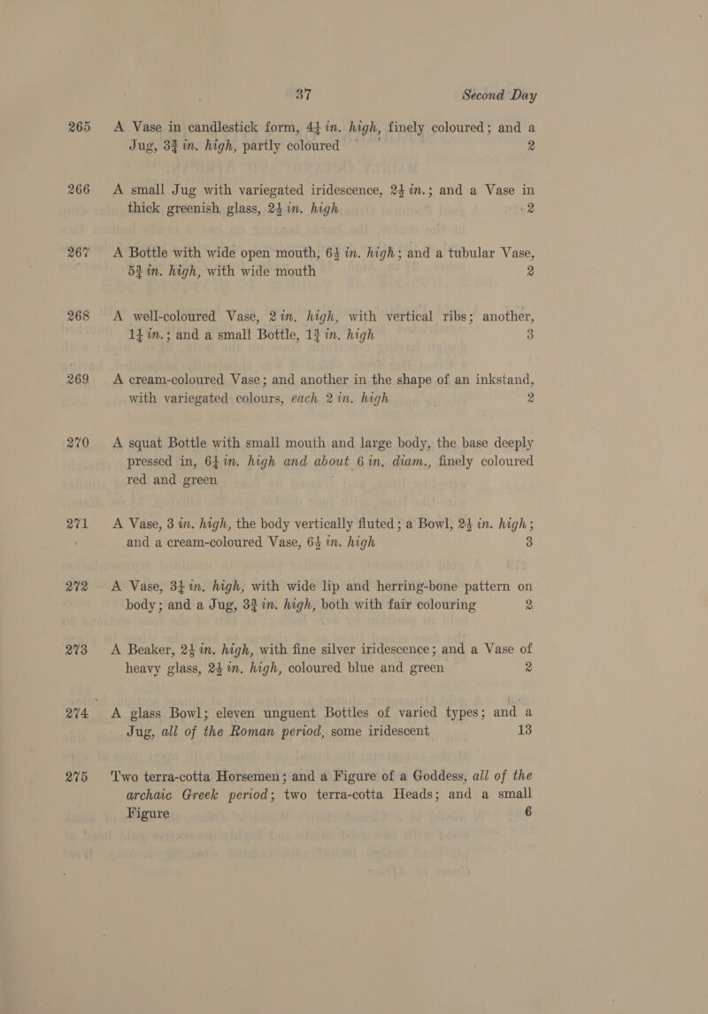265 266 267 268 270 2¢1 272 273 275 37 Second Day A Vase in candlestick form, 4} i. high, finely coloured; and a Jug, 3% im. high, partly coloured 2 A small Jug with variegated iridescence, 24im.; and a Vase in thick greenish glass, 23 in. high | 2 A Bottle with wide open mouth, 64 in. high; and a tubular Vase, 52am. high, with wide mouth 4 A well-coloured Vase, 2in. high, with vertical ribs; another, 14 in.; and a small Bottle, 13 in. high | 3 A cream-coloured Vase; and another in the shape of an inkstand, with variegated colours, each 2 in. high . 2 A squat Bottle with small mouth and large body, the base deeply pressed in, 641m. high and fecety 6 in, diam., finely coloured red and green A Vase, 3 in. high, the body vertically fluted ; a Bowl, 243 in. high; and a cream-coloured Vase, 64 in. high 3 A Vase, 341m. high, with wide lip and herring-bone pattern on body ; and a Jug, 327m. high, both with fair colouring 2 A Beaker, 24 im. high, with fine silver iridescence; and a Vase of heavy glass, 24m. high, coloured blue and green 2 A glass Bowl; eleven unguent Bottles of varied types; and a Jug, all of the Roman period, some iridescent 13 Two terra-cotta Horsemen; and a Figure of a Goddess, all of the archaic Greek period; two terra-cotta Heads; and a small